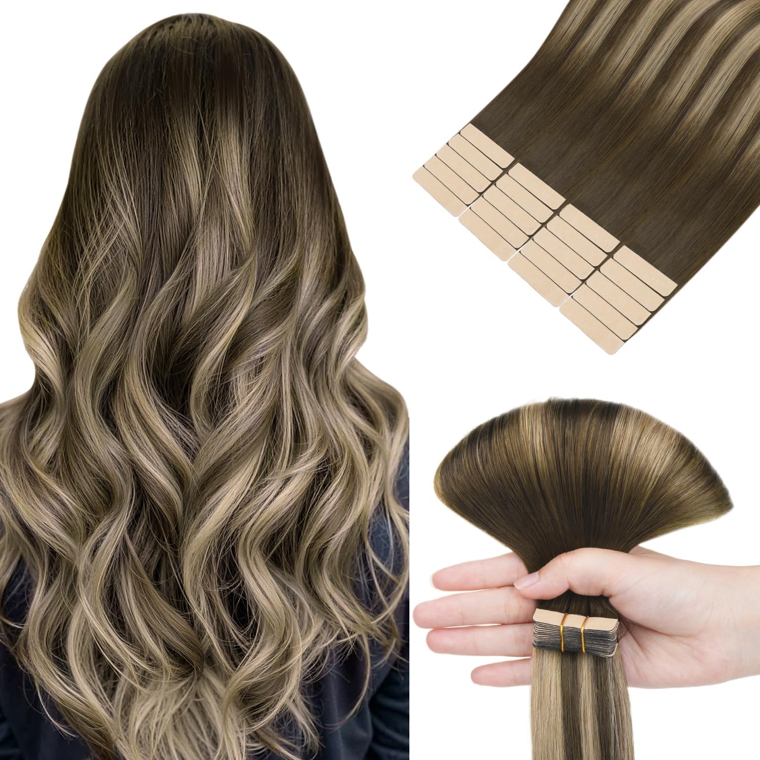 Detalle de HOTBANANA Extension Capelli Veri Biadesivo 50 cm – Balayage Marrone Cioccolato a Biondo Miele, Remy Tape in 20 pezzi