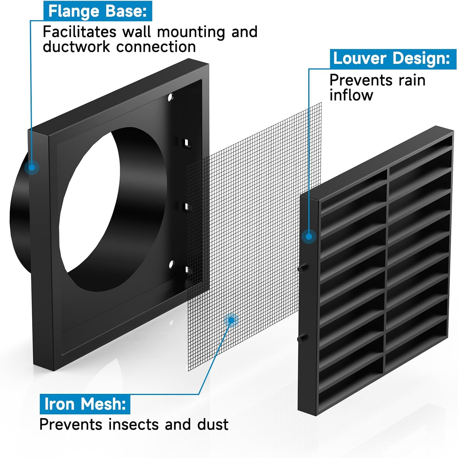 Thumbnail 1 de Hon&Guan 100mm Black Louvred Wall Vent Grille with Flyscreen