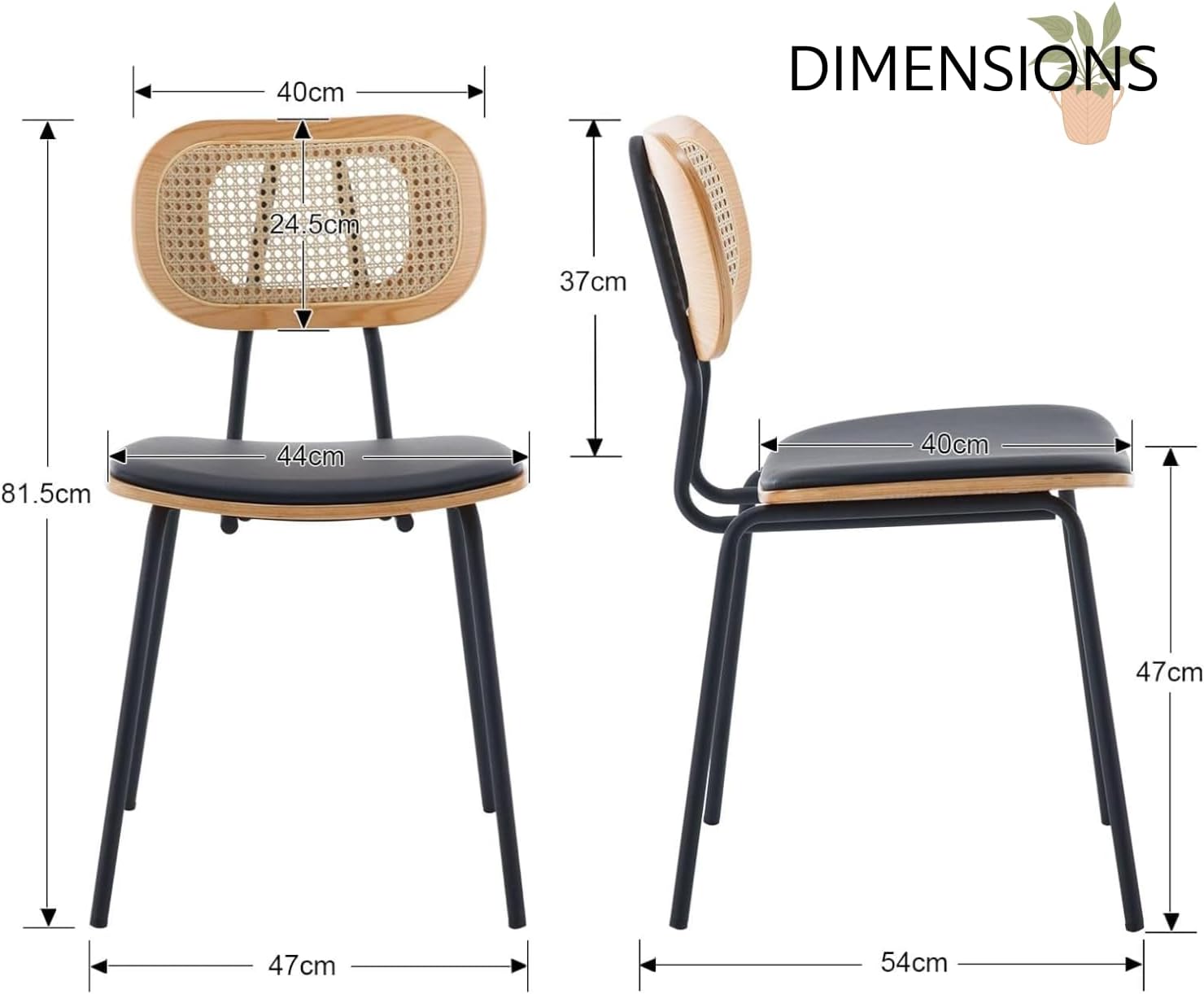 Thumbnail 1 de chairus Lot de 2 chaises de salle à manger sans accoudoirs en cuir synthétique et dossier en rotin – Noir