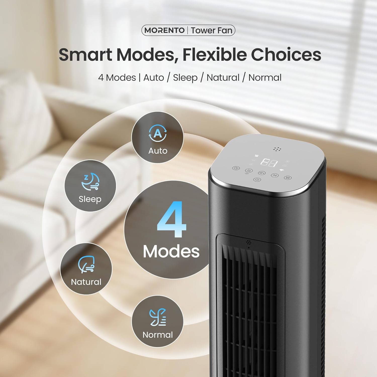 Detalle 2 de MORENTO 36-Inch Smart Tower Fan with Remote, 2.4GHz WiFi, App & Voice Control