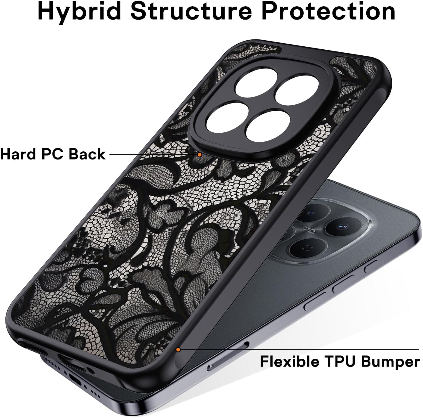Thumbnail 1 de Coque XTCASE pour Xiaomi Redmi Note 15 Pro Plus 5G – Motif vintage en dentelle noire, dos PC dur + bumper TPU