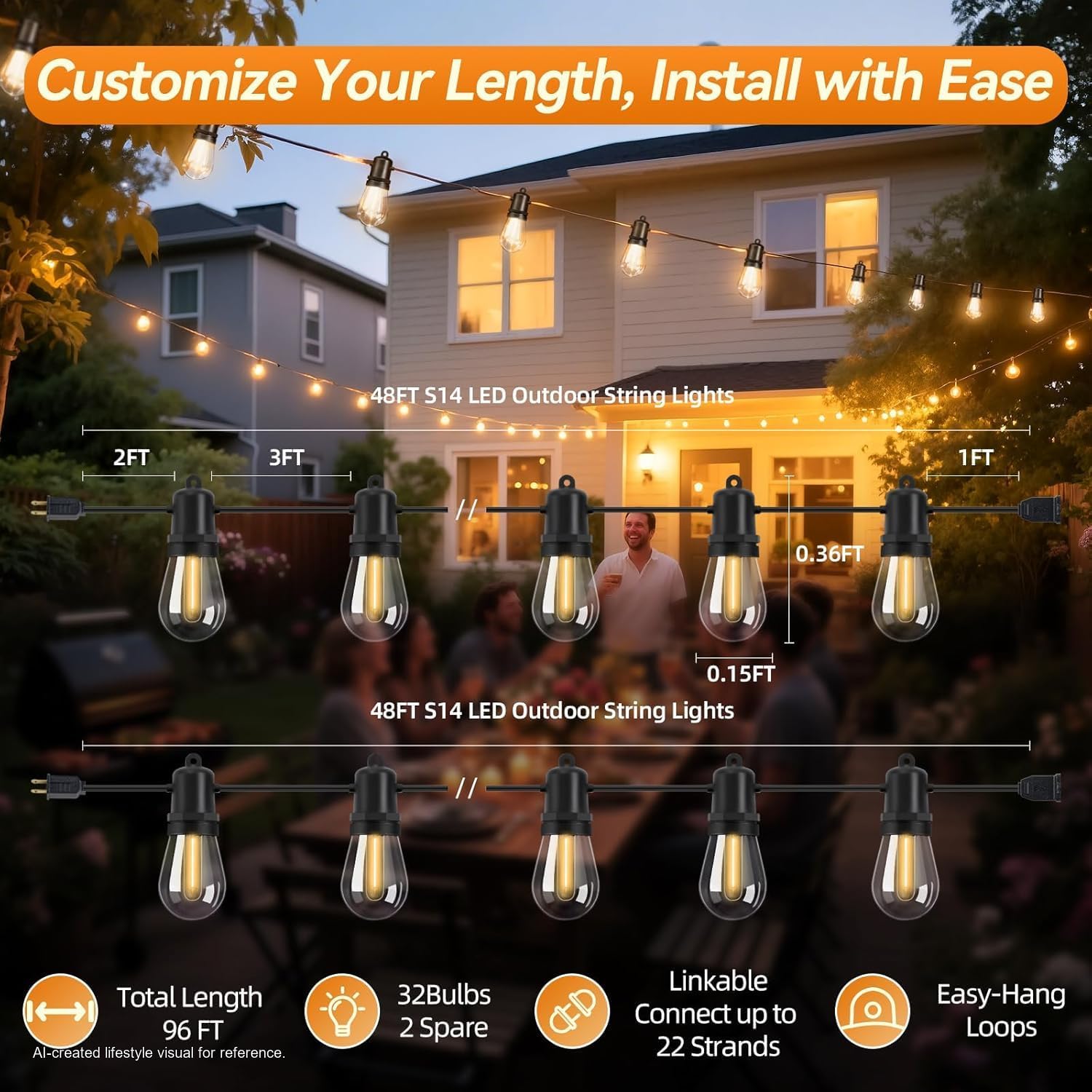 Detalle 2 de Adirxon S14 96 ft Outdoor LED String Lights