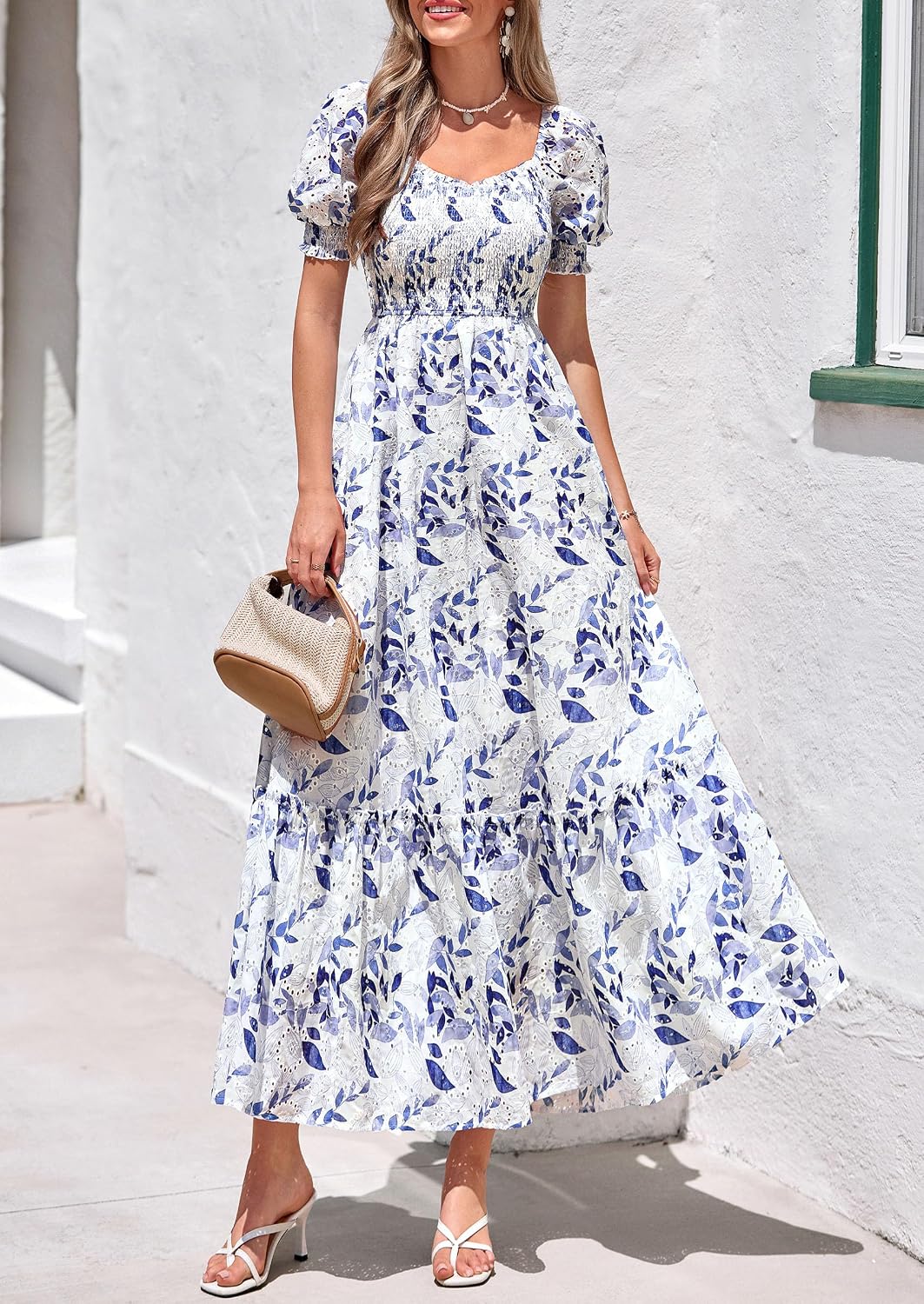 Thumbnail 6 de PRETTYGARDEN Women's Floral Boho Maxi Dress — Eyelet Smocked Bodice, Flowy A-Line with Short Lantern Sleeves