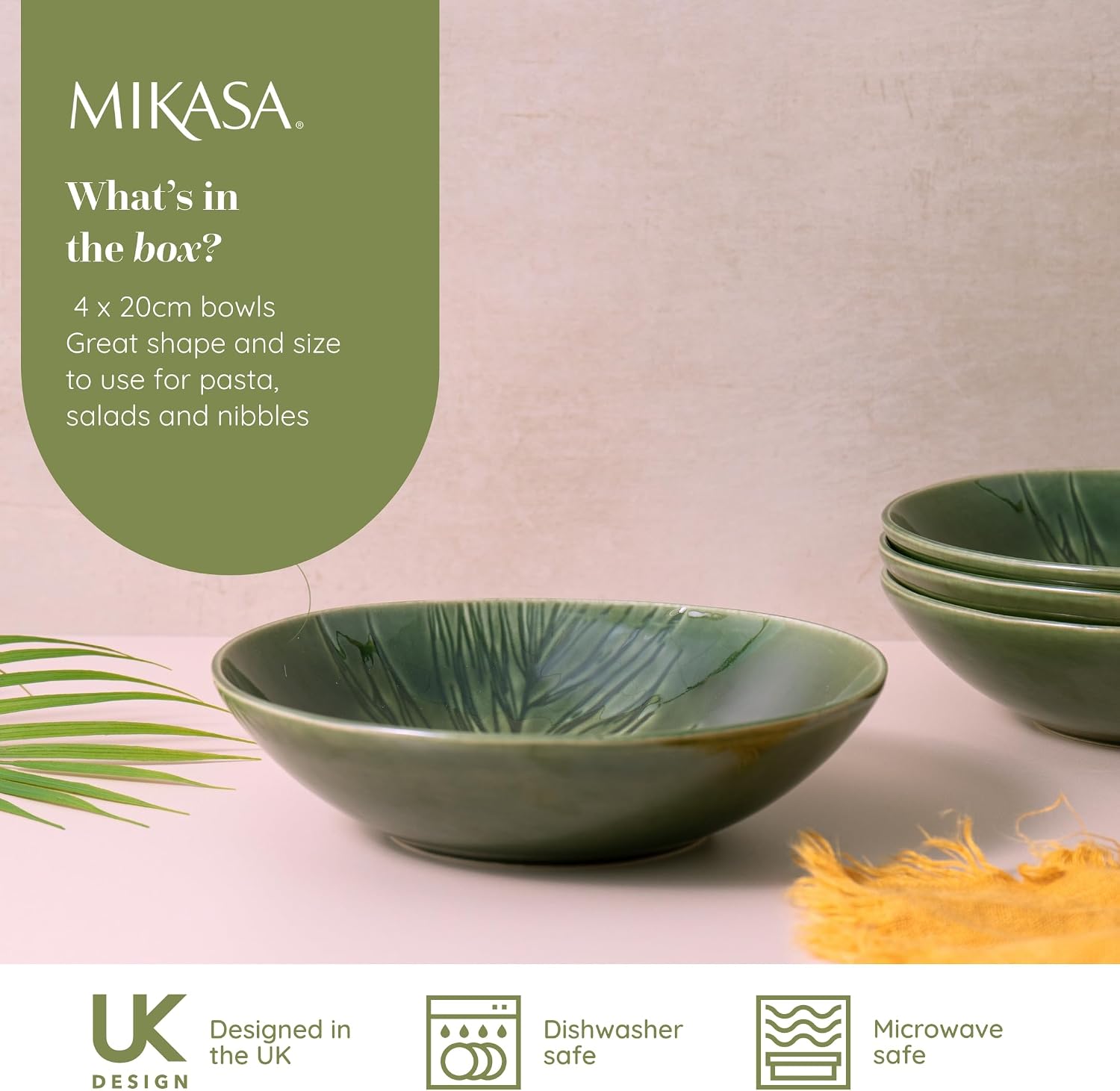 Detalle de Mikasa Jardin Pasta Bowl Set, 4 Stoneware Bowls, 20cm, Green