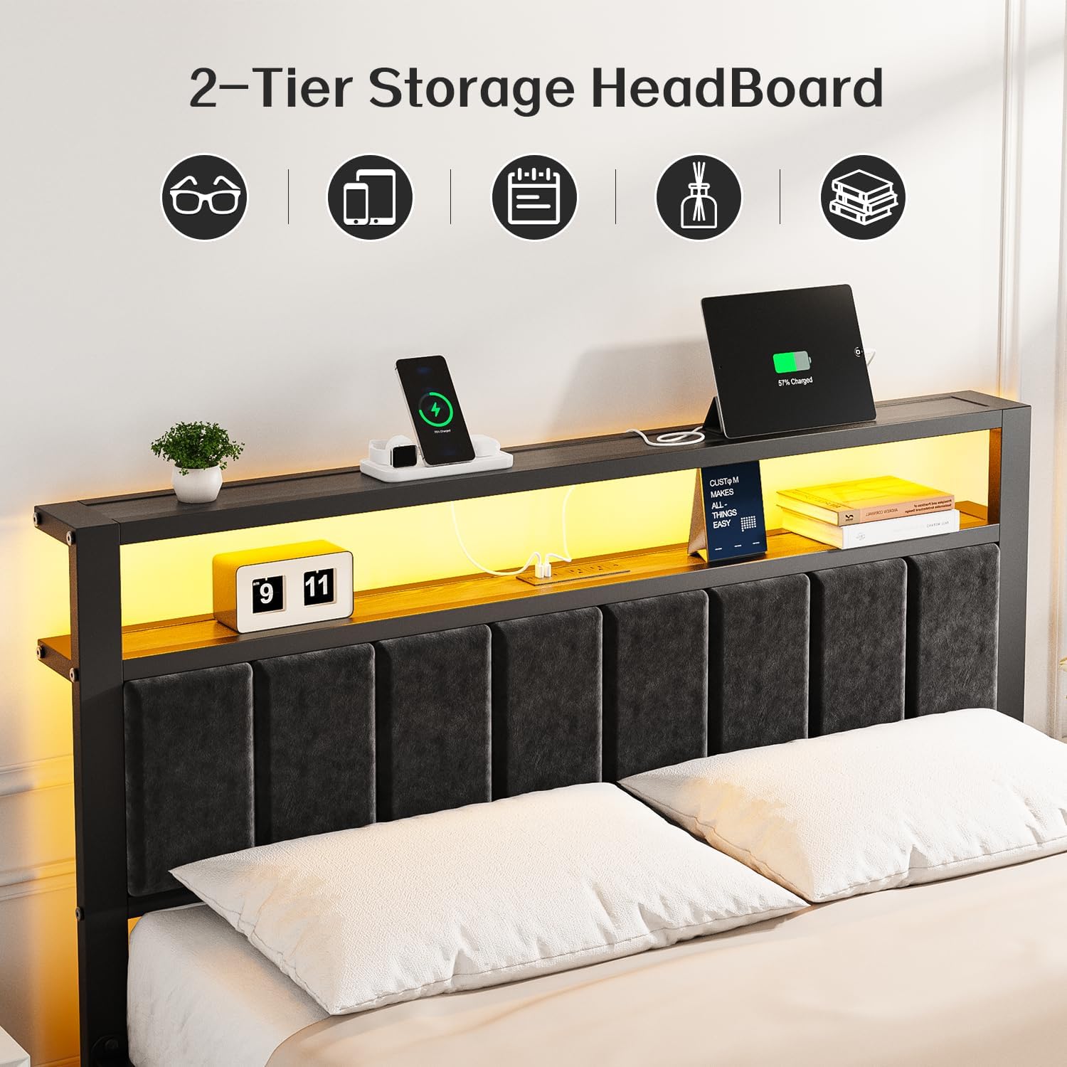 Detalle de OLEVS Queen Bed Frame, Metal Platform with RGB LED Lights and Storage Headboard