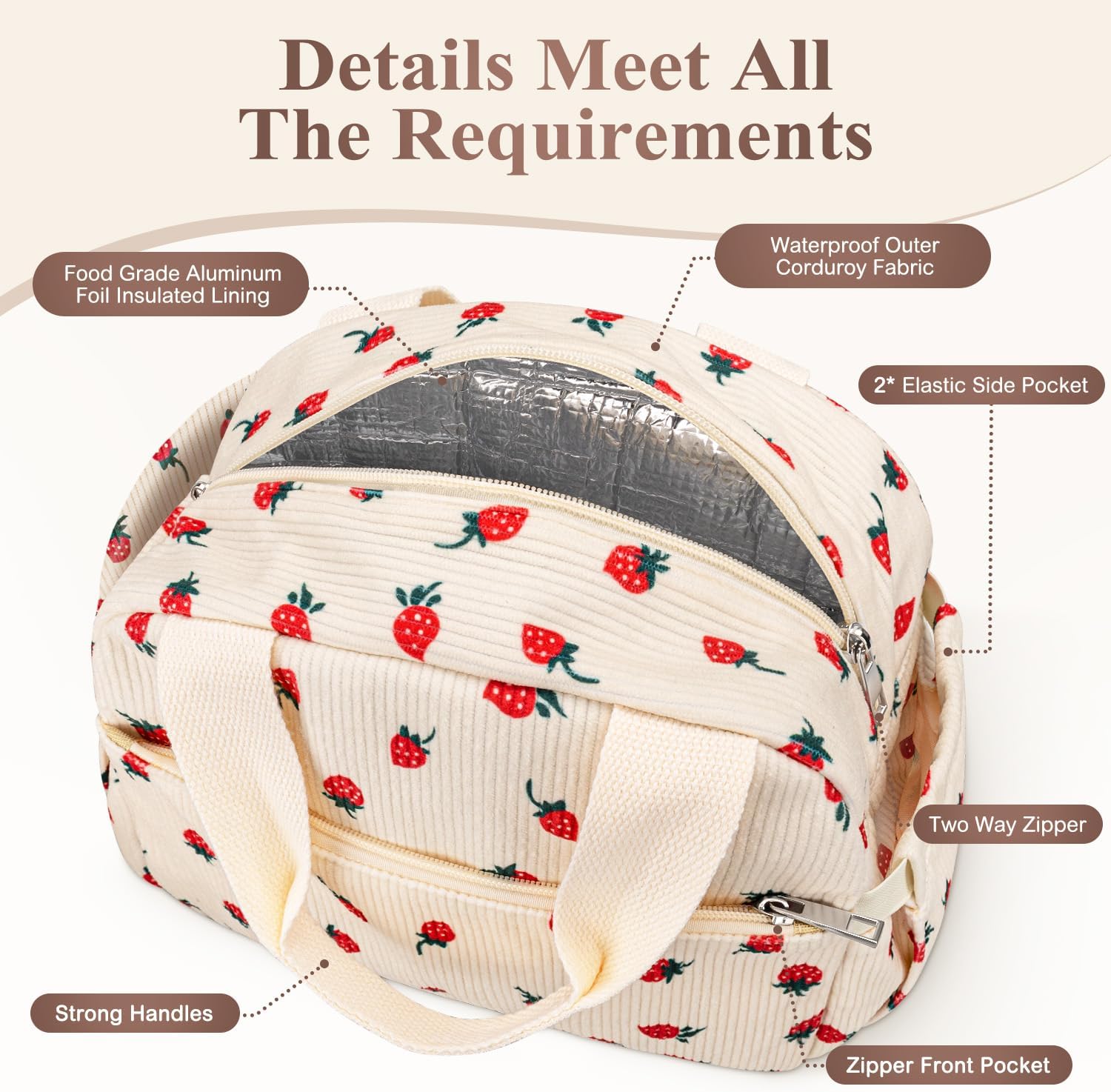 Thumbnail 3 de KUBYA Lunch Box for Women: Cute Strawberry Corduroy Insulated Tote