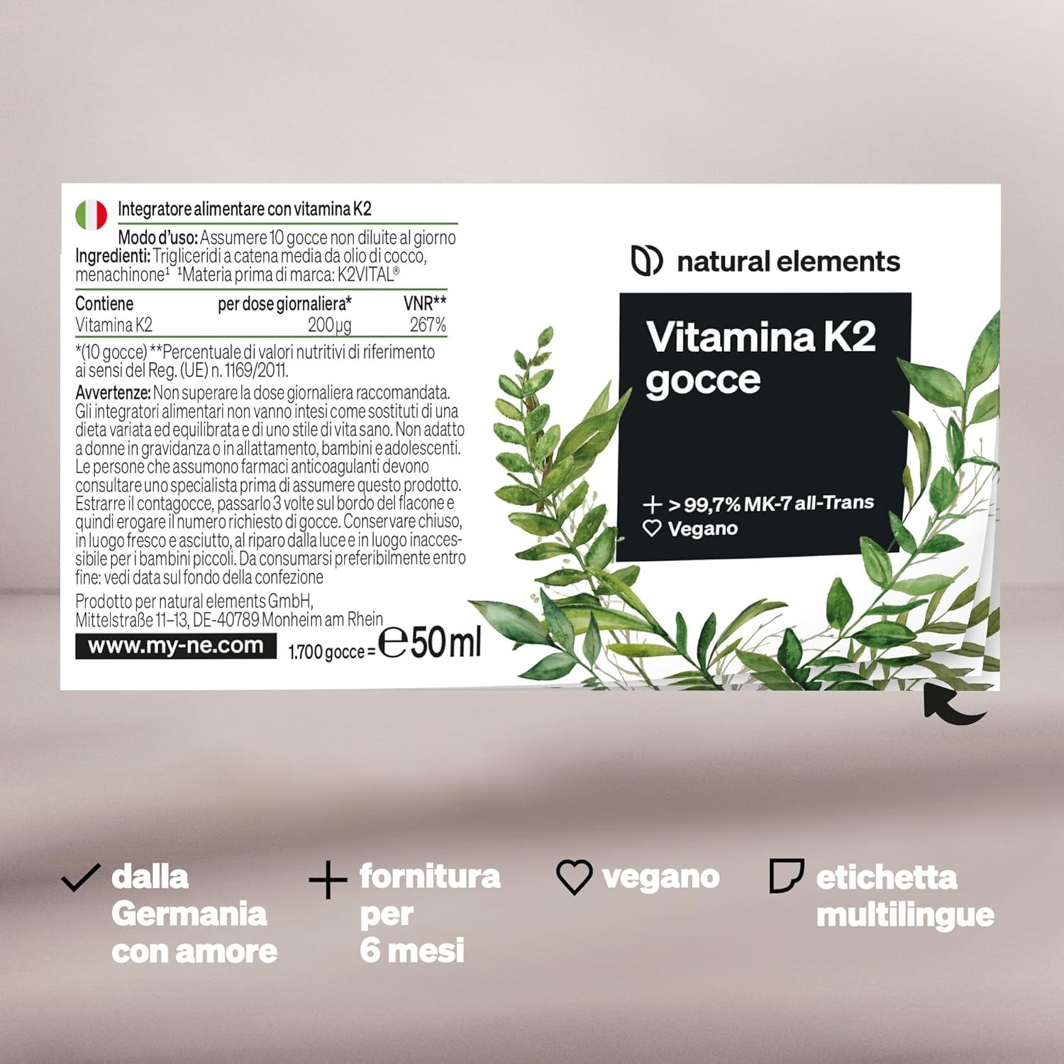 Detalle de Natural elements Vitamina K2 MK-7 200 µg (MK-7) in gocce vegane 50 ml