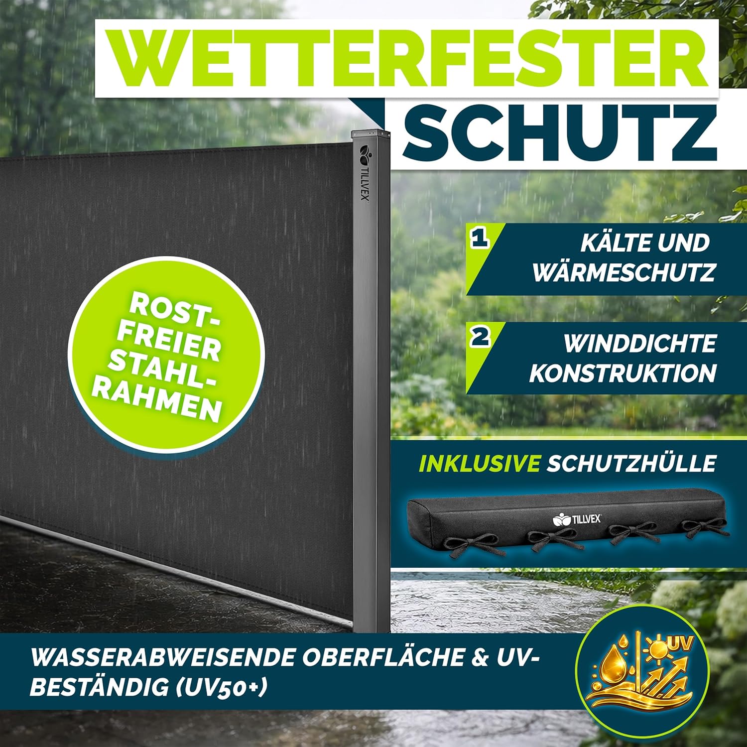 Thumbnail 4 de tillvex Seitenmarkise 160 x 350 cm – Ausziehbar, blickdicht mit Regencover, Wandhalterung