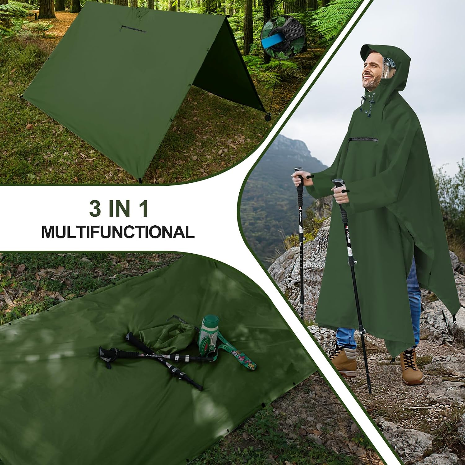 Detalle 2 de Andake Regenponcho Wasserdicht Unisex – 3-in-1 Outdoor Regenmantel