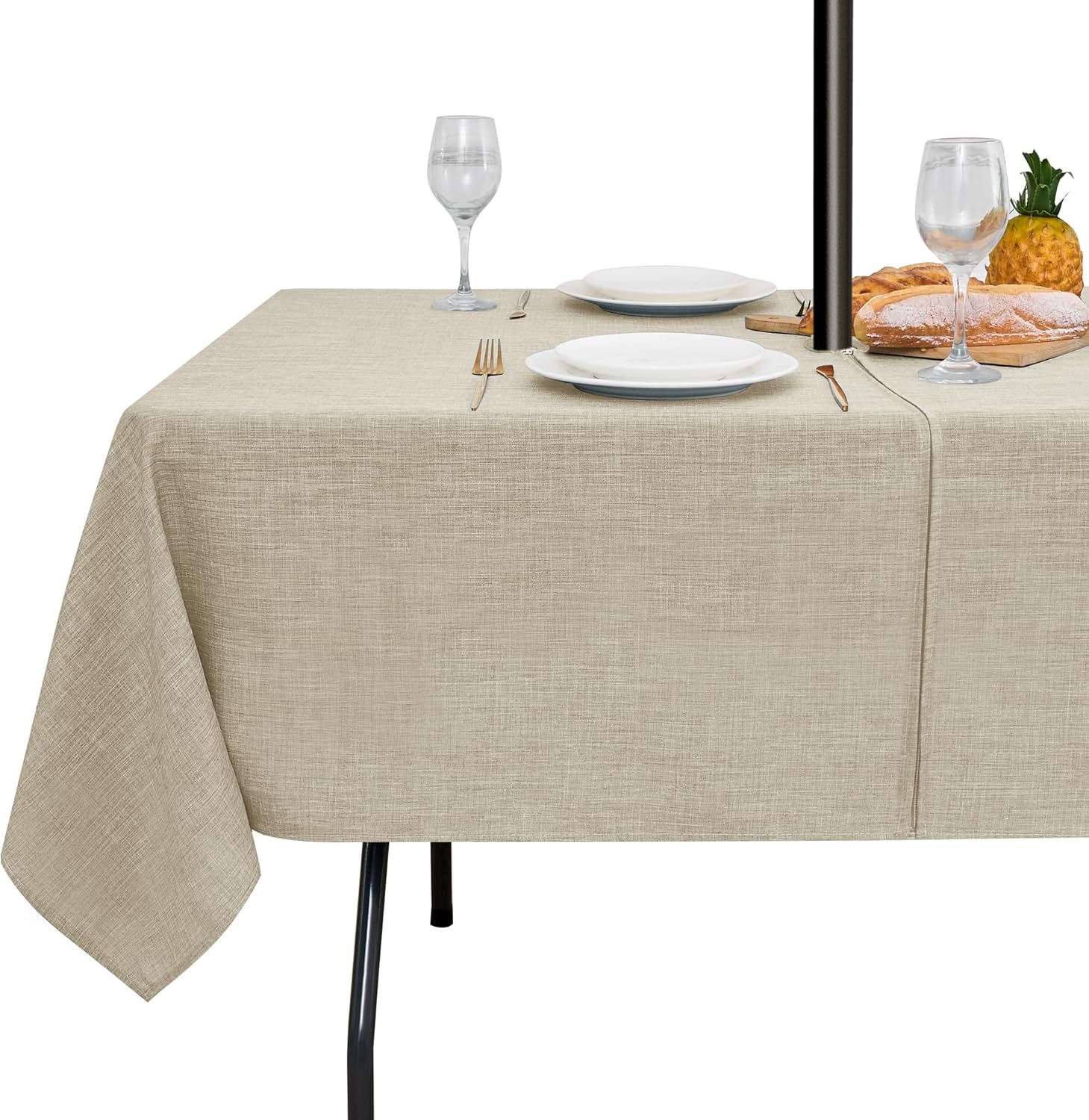 Detalle de LUSHVIDA Outdoor Tablecloth with Umbrella Hole (60x84 Inches) — Linen-Look, Water-Resistant Polyester
