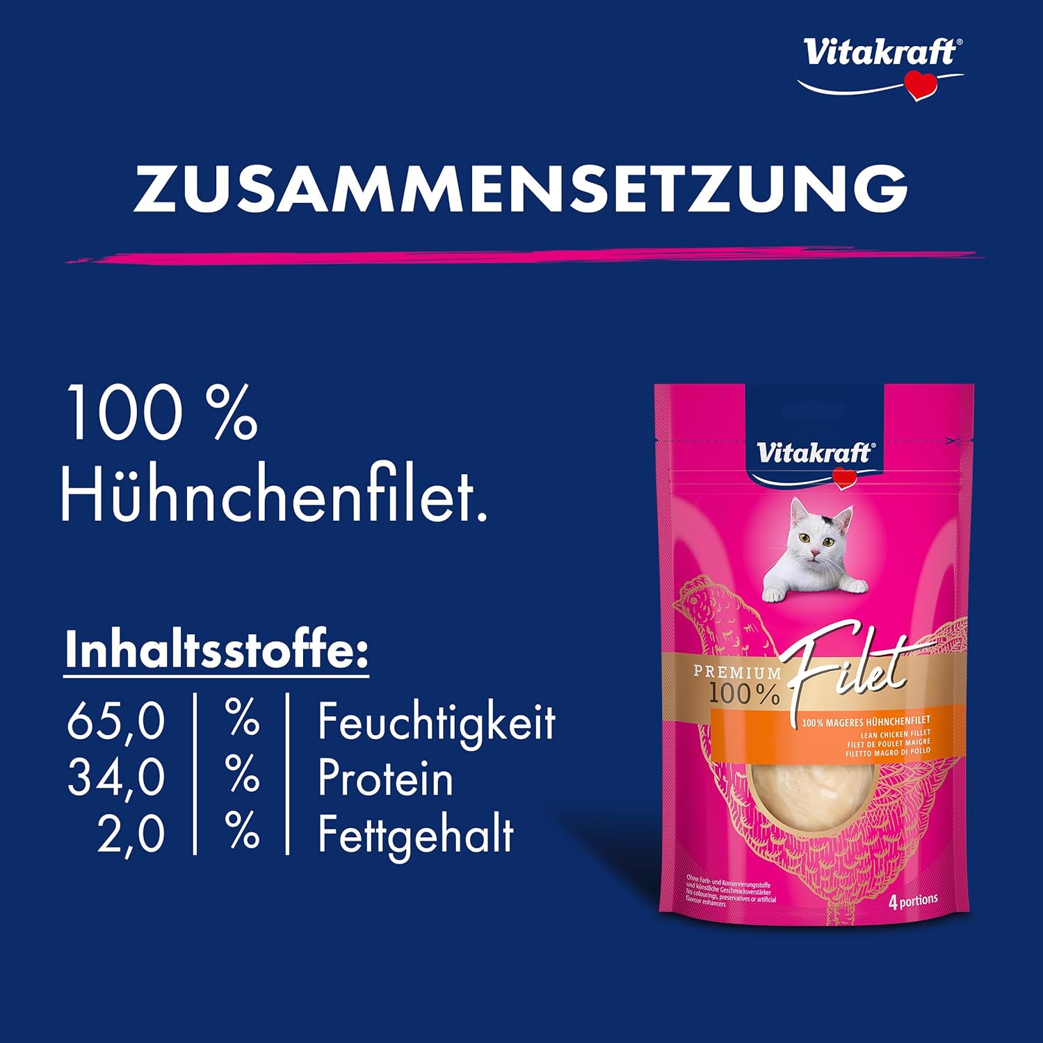 Detalle 2 de Vitakraft Premium Katzen Leckerli: mageres Hühnchenfilet, hypoallergen, getreidefrei, 7x70g