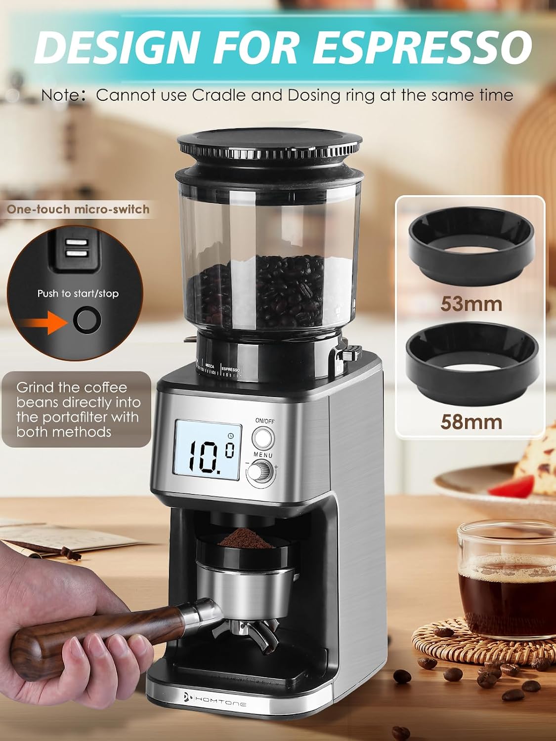 Detalle de Homtone elektrisk kaffekvarn med 40 mm koniskt malverk och 51 inställningar