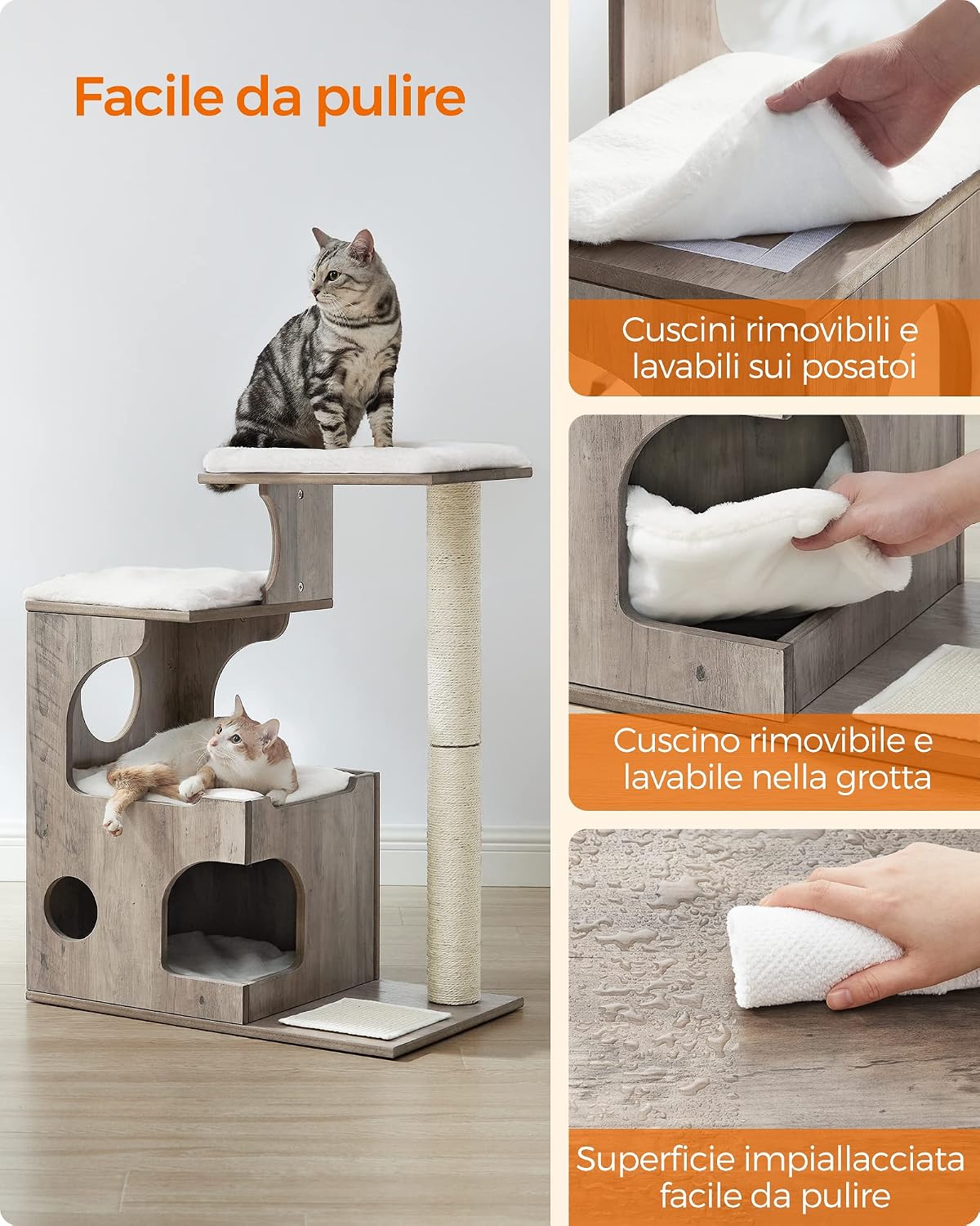 Detalle 2 de Feandrea Tiragraffi con grotta, 2 aree in sisal e basi imbottite lavabili, greige melange PCT070G01 (86 cm)