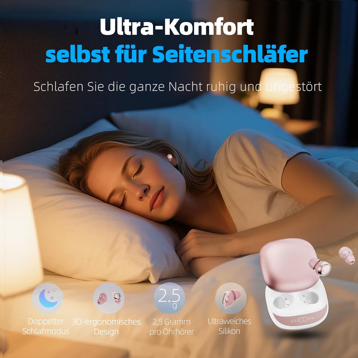 Thumbnail 1 de ZOVIMAX Bluetooth Schlafkopfhörer (6 EQ) mit White Noise, In-Ear für Seitenschläfer – Roségold