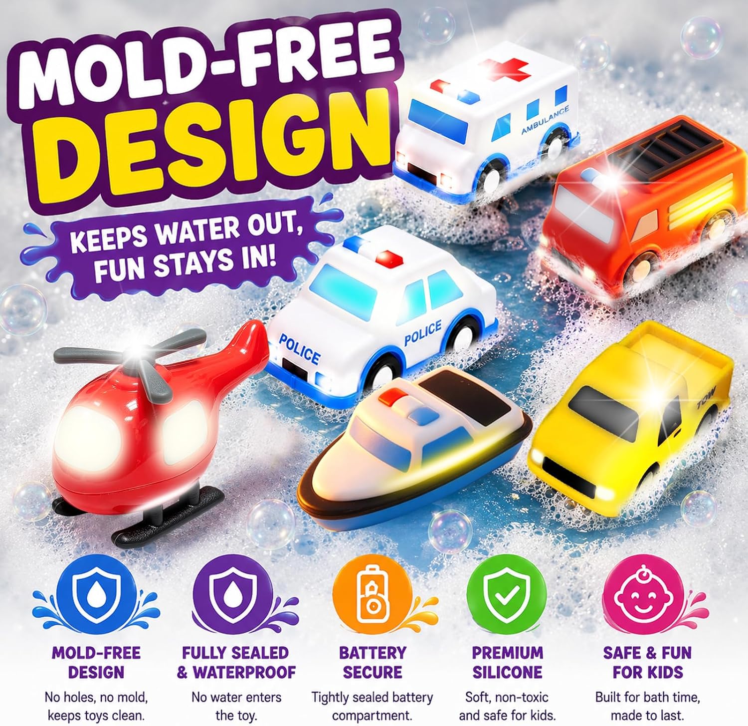 Detalle 2 de Light Up Baby Bath Toys (6 Pack) – Silicone, Shake‑Activated Lights for 1+ Year Olds