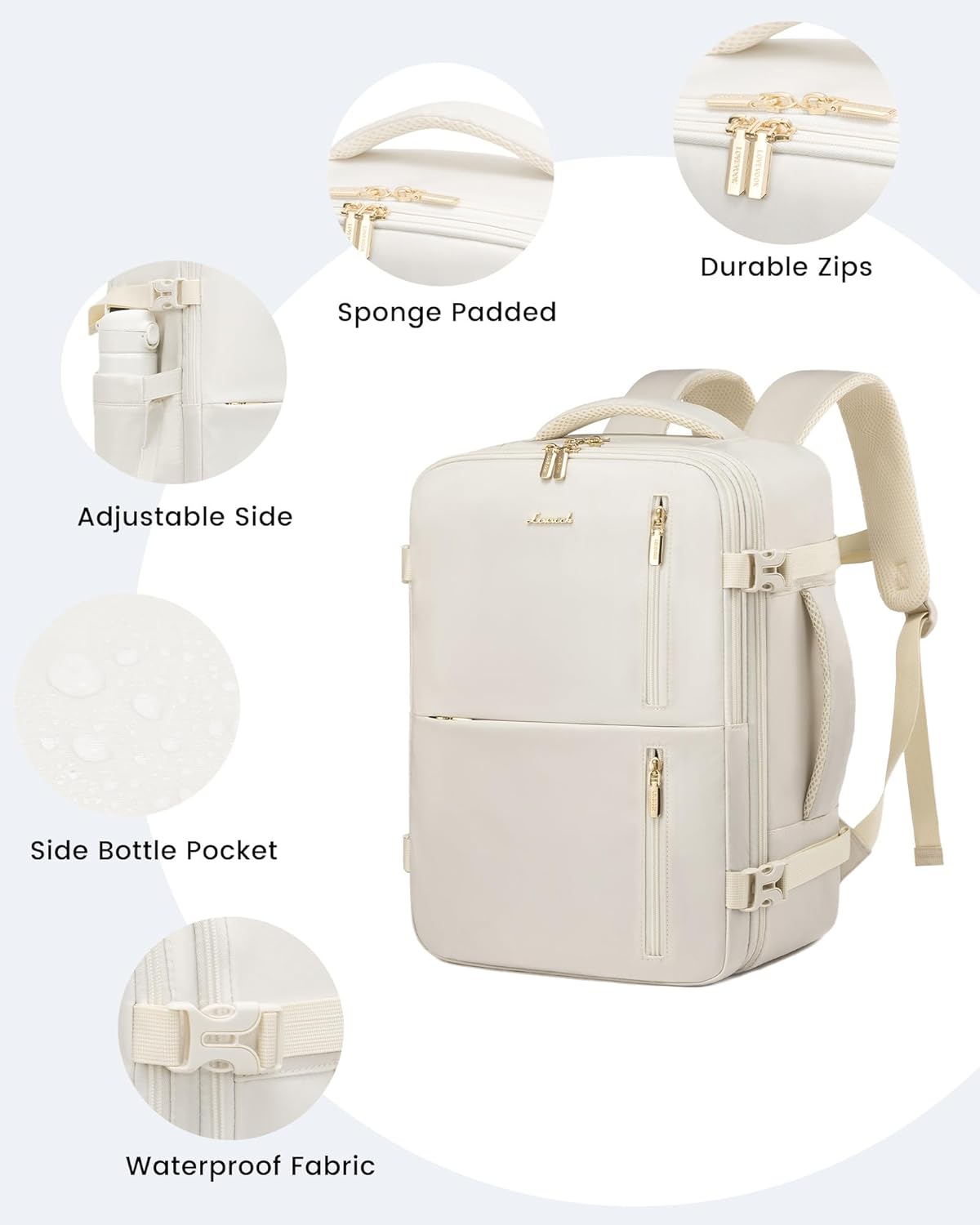 Detalle de LOVEVOOK Sac à Dos Voyage Avion 40x20x25 - Bagage cabine 20L, USB, 14'' PC, Beige