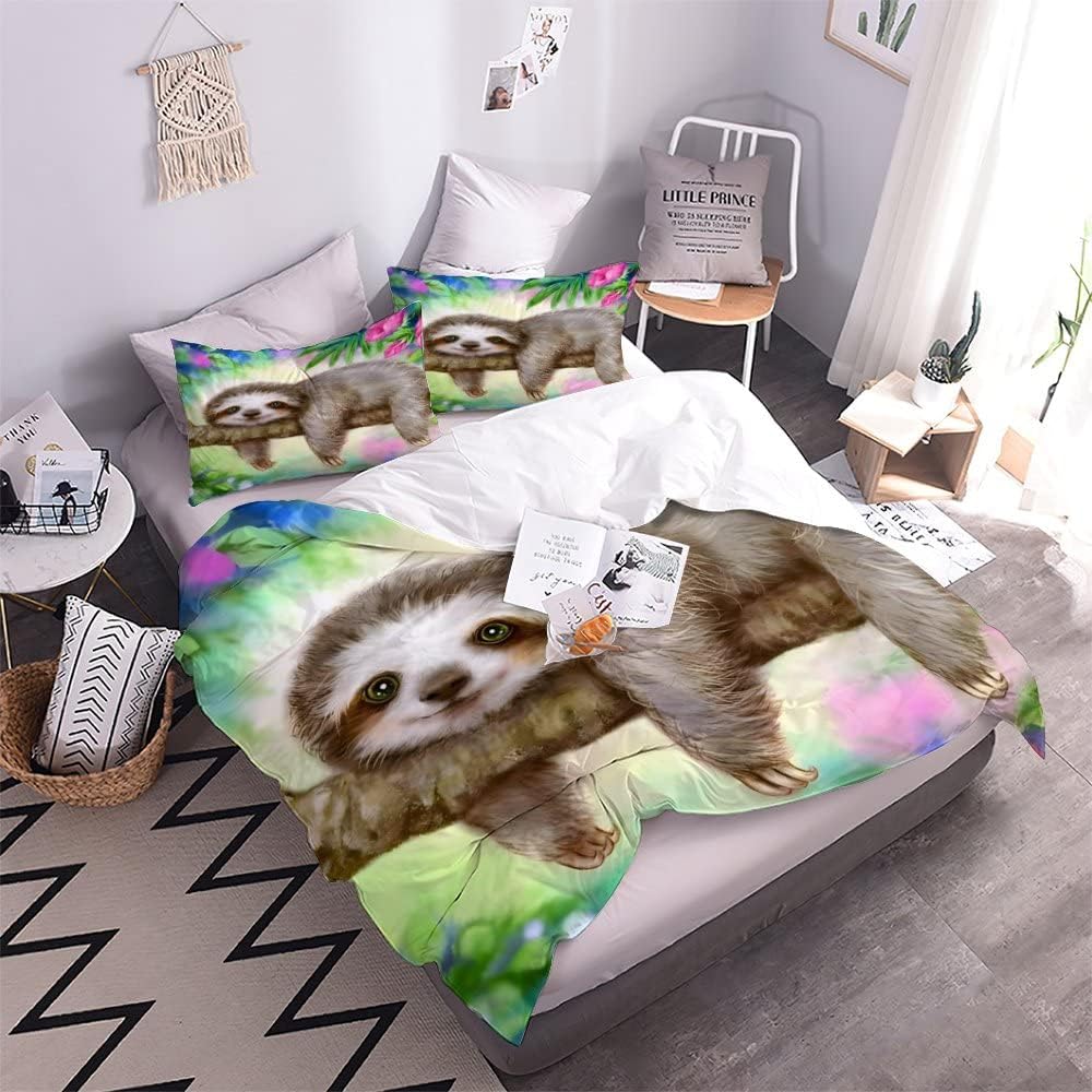 Thumbnail 1 de ALABOW Kawaii Faultier Bettwäsche 155x220 cm – 3-teilig mit Reißverschluss, 3D-Blumen