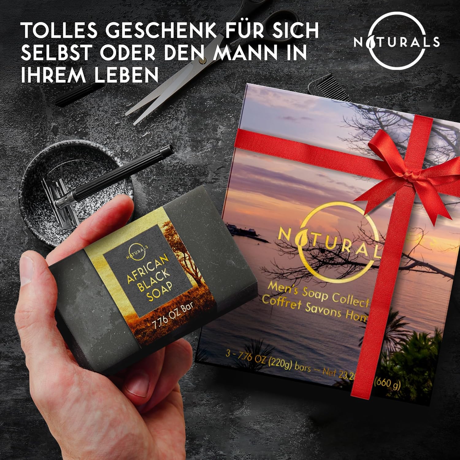 Detalle de O Naturals Seife für Männer (afrikanische Schwarze, Zedernholz, Minze) – 3er Set, 7.7 oz