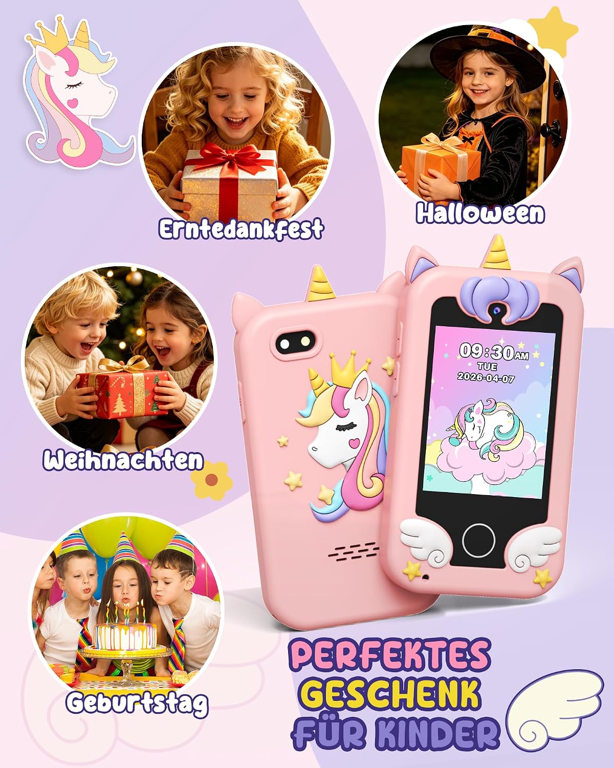 Detalle de UCIDCI Kinder Handy Spielzeug Rosa – Dual-Kamera, Lernspielzeug, MP3-Player und mehr