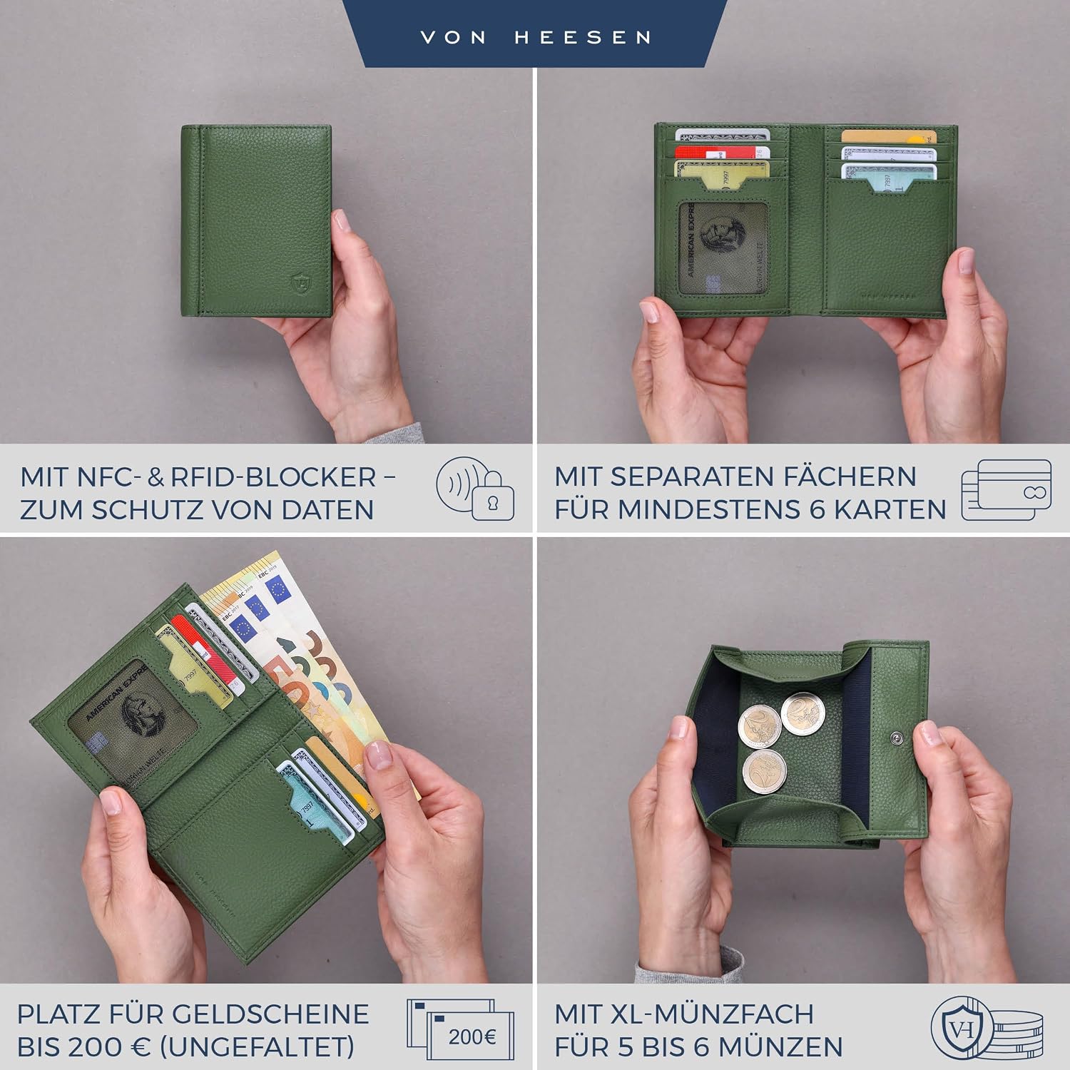 Thumbnail 1 de VON HEESEN Leder Geldbörse mit Münzfach & RFID Schutz – Grün