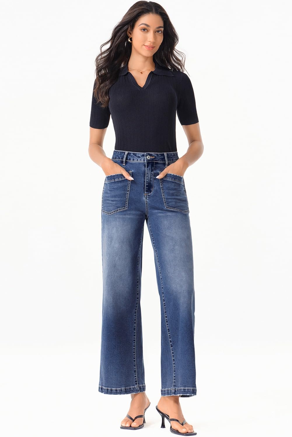 Detalle 2 de Sidefeel Women's Zimbaplatinum Ankle Wide-Leg Stretch Jeans