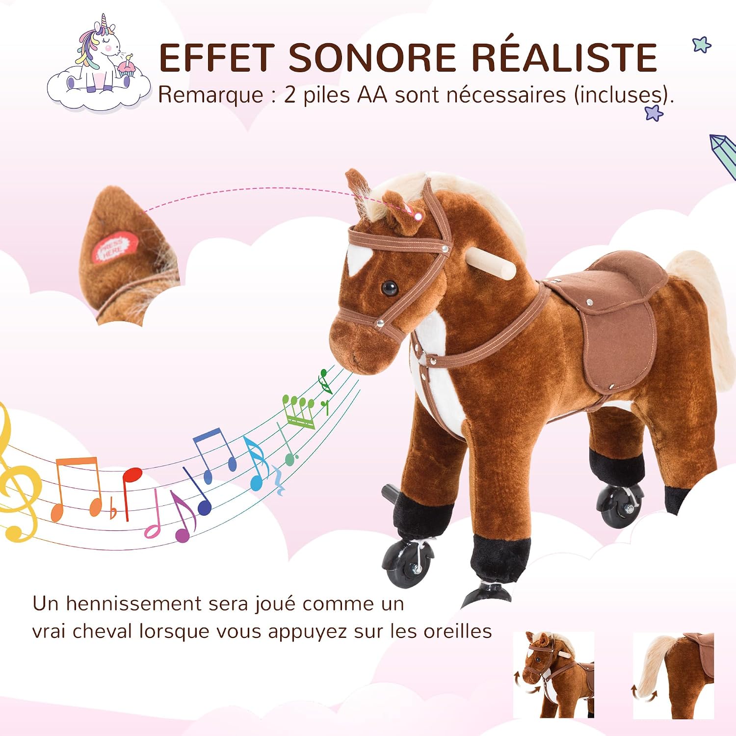 Detalle de HOMCOM pluchen paard op 4 wielen met hinnikgeluid, handgrepen en voetsteunen