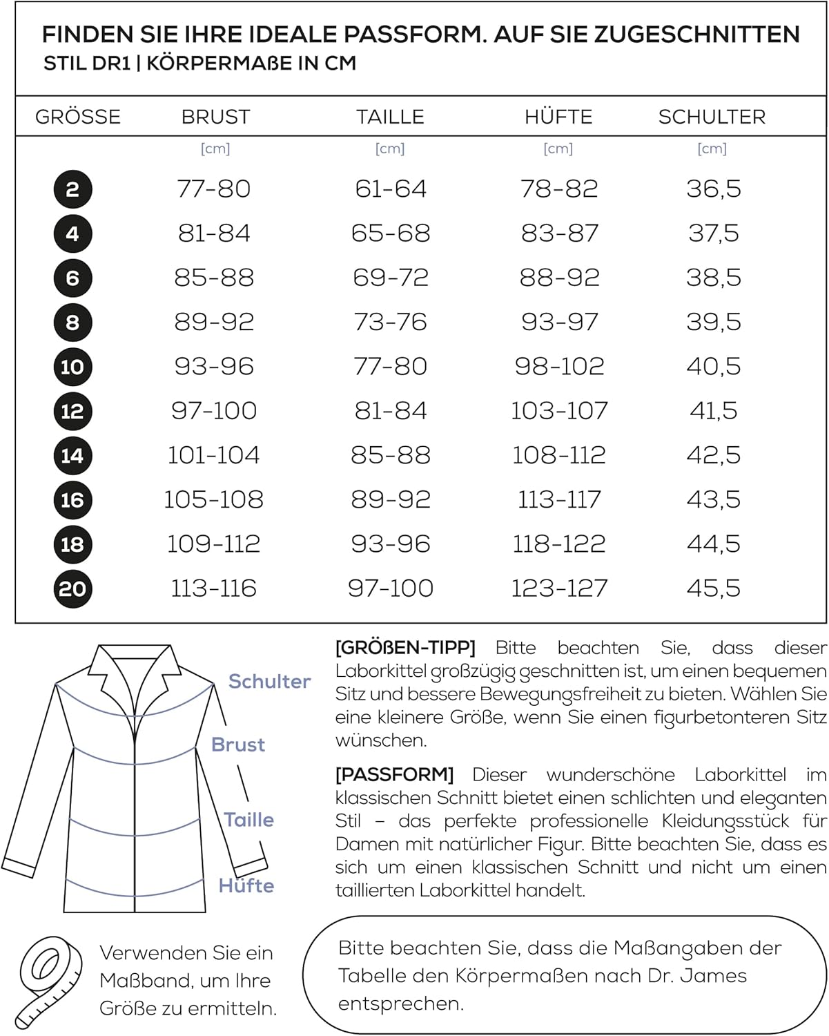 Detalle de Dr. James Laborkittel Damen – Klassischer Regular-Fit Arztkittel mit verdeckten Druckknöpfen, 3 Taschen, 94 cm