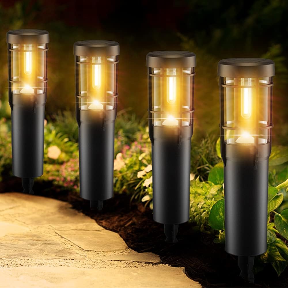 Detalle de Ainostone Solarlampen 4er-Set mit 900 mAh Akku, warmweißen LEDs und Erdspieß (IP65, für Außen)