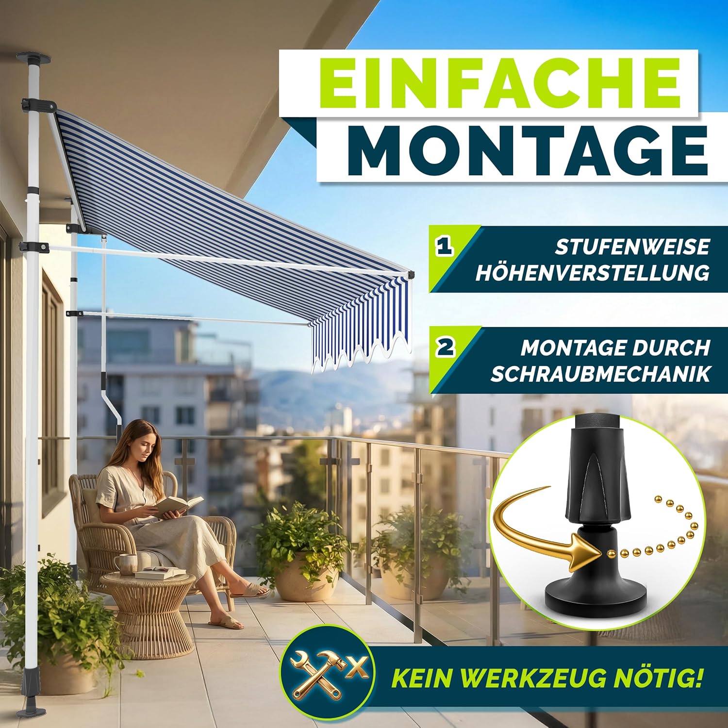 Thumbnail 2 de tillvex Klemmmarkise mit Handkurbel für Balkon, Terrasse & Garten (ohne Bohren) – Blau-Weiß, 250 cm