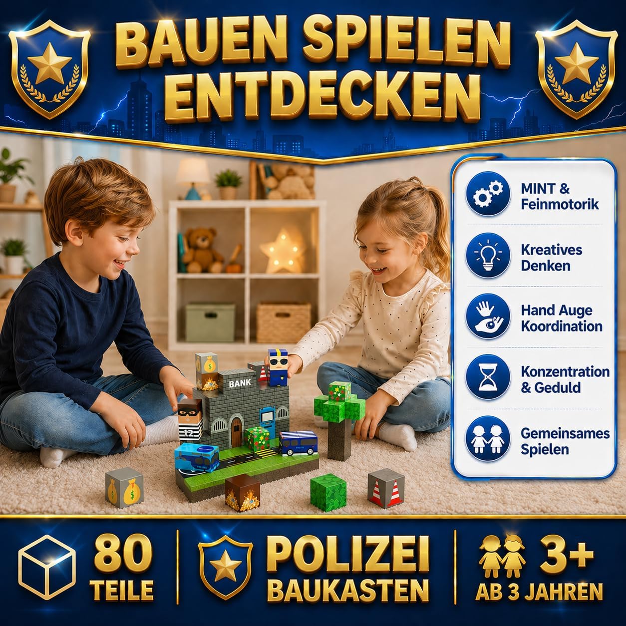 Detalle de Magnetbausteine Polizei 80 Teile – Kreatives Magnetbaustein-Set für Kinder ab 3 Jahren