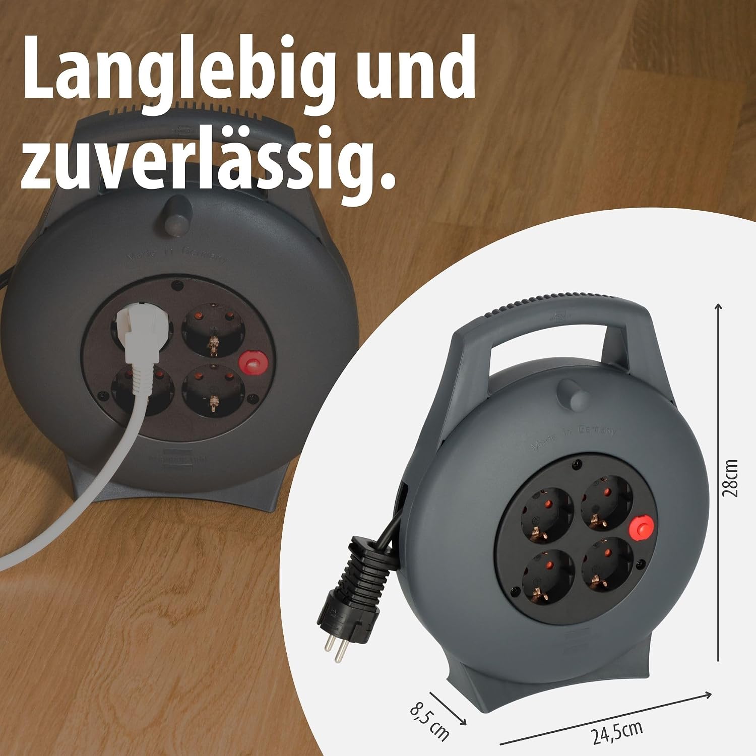 Detalle de Brennenstuhl Vario Line Kabelbox 4-fach / Mini-Kabeltrommel Indoor, 10 m Kabel, anthrazit