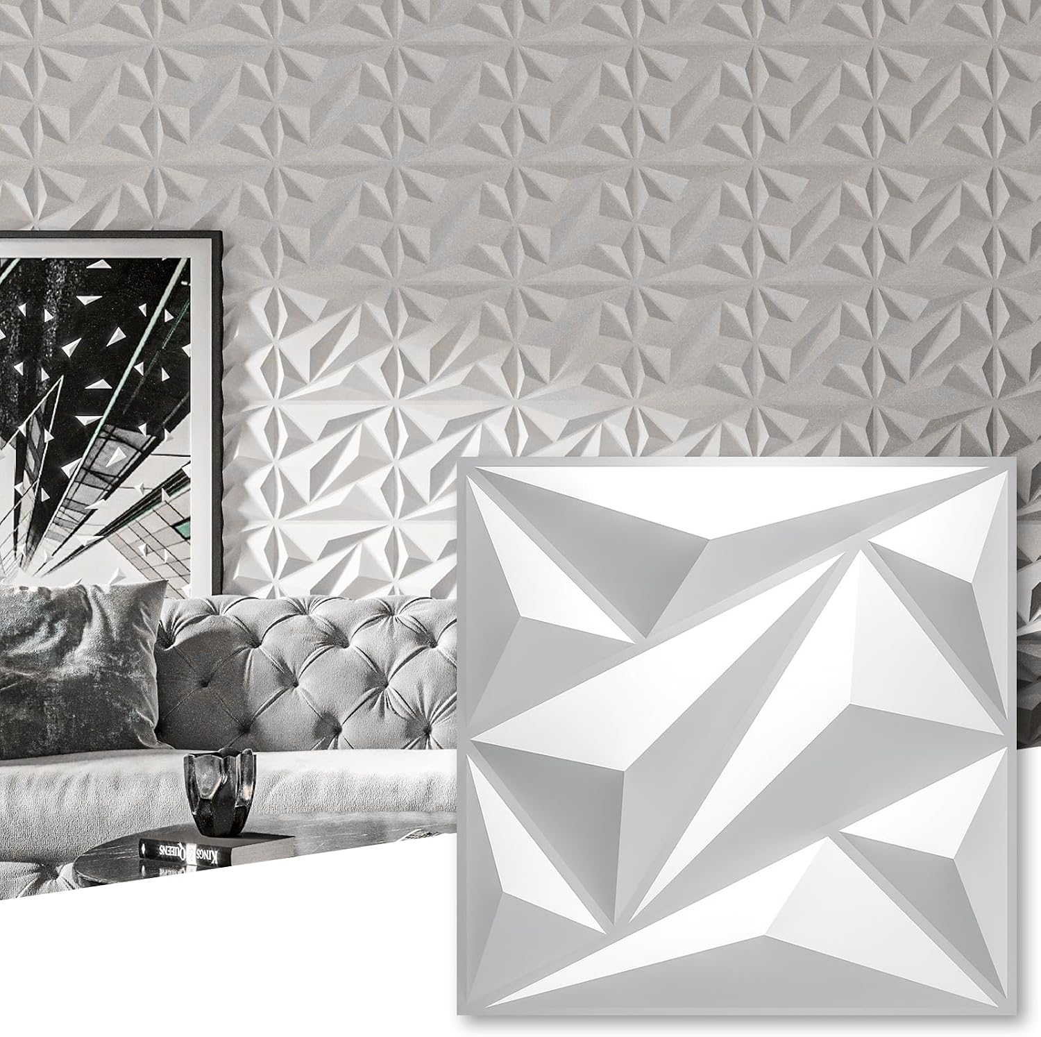 Detalle de Art3dwallpanels 3D Diamond Wall Panels, 50-Pack, White, 12 x 12 in