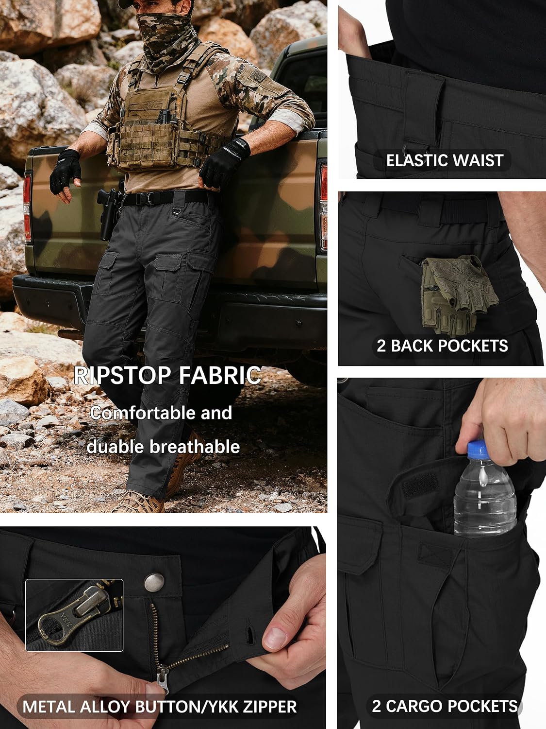 Detalle de ZKRYOVEX Men's Tactical Pants, Stretch Ripstop Cargo with 10 Pockets