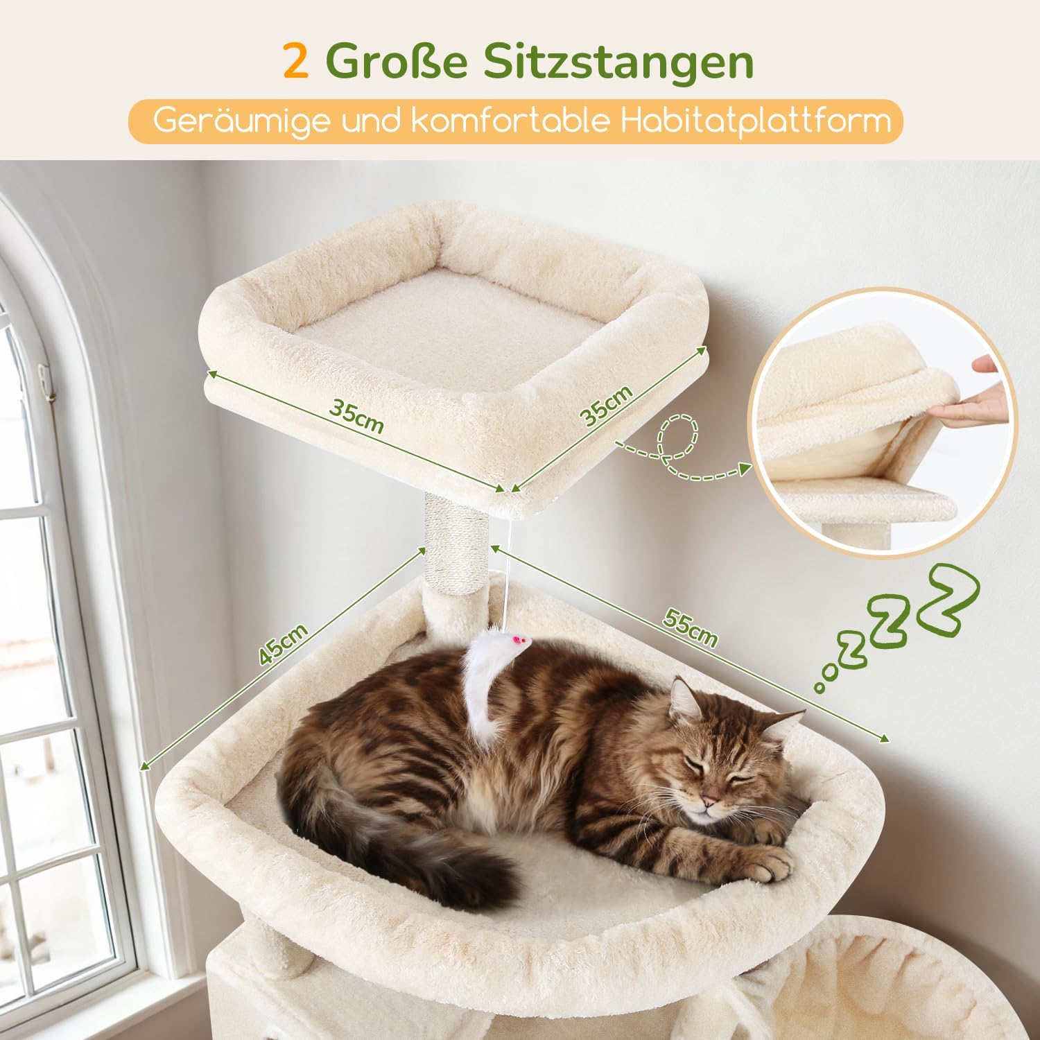 Thumbnail 1 de Globlazer Kratzbaum Beige Groß XXL (209 cm) mit 2 Katzenhäusern, 3 Körben und 8 Sisal-Kratzsäulen