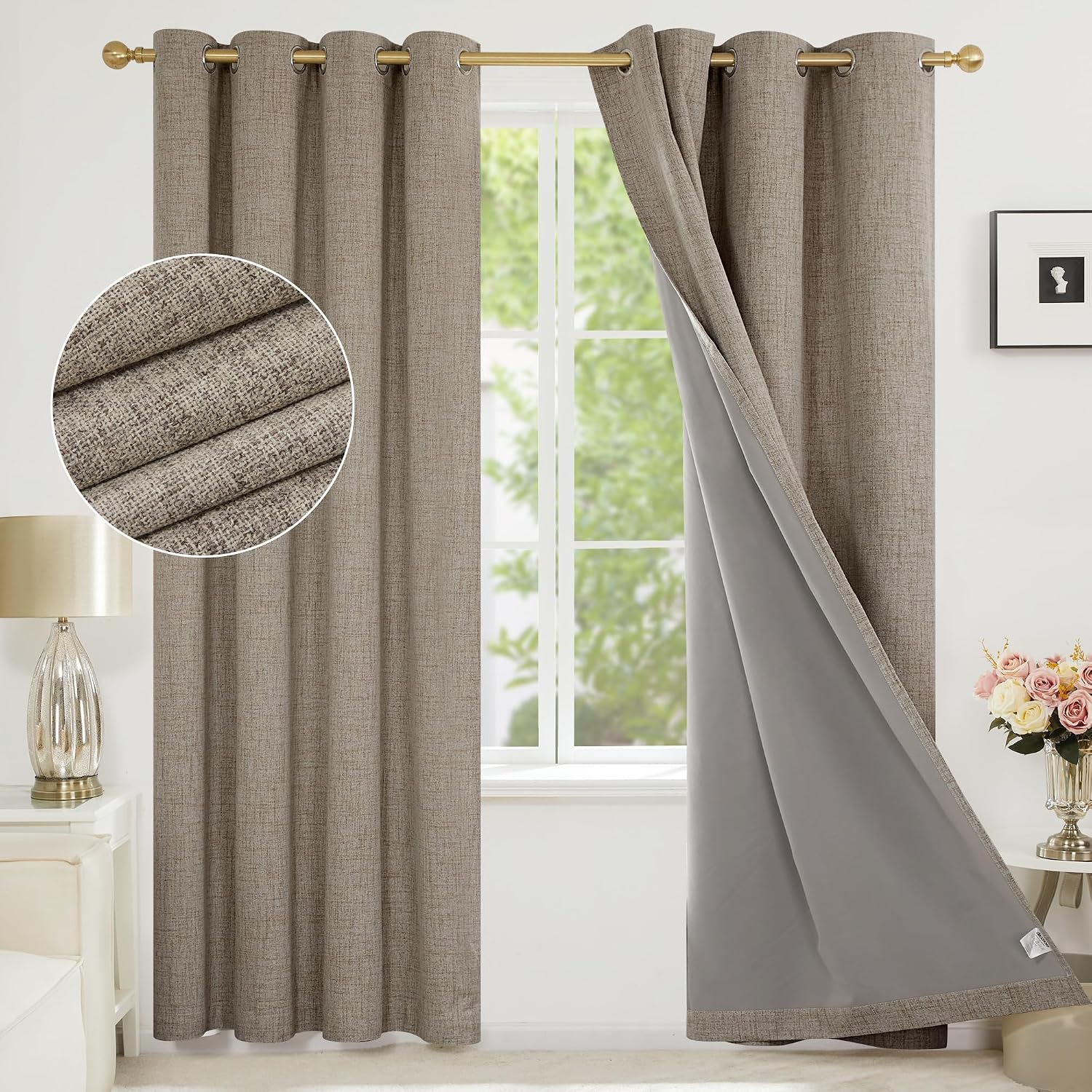 Detalle de Deconovo Faux Linen Full Blackout Curtains 90 Inch Drop – Two Panel Eyelet Pair
