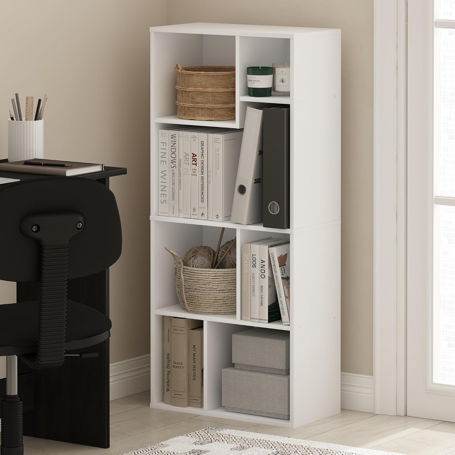 Detalle 2 de Furinno DALY Libreria a 7 cubi: design asimmetrico per spazi piccoli