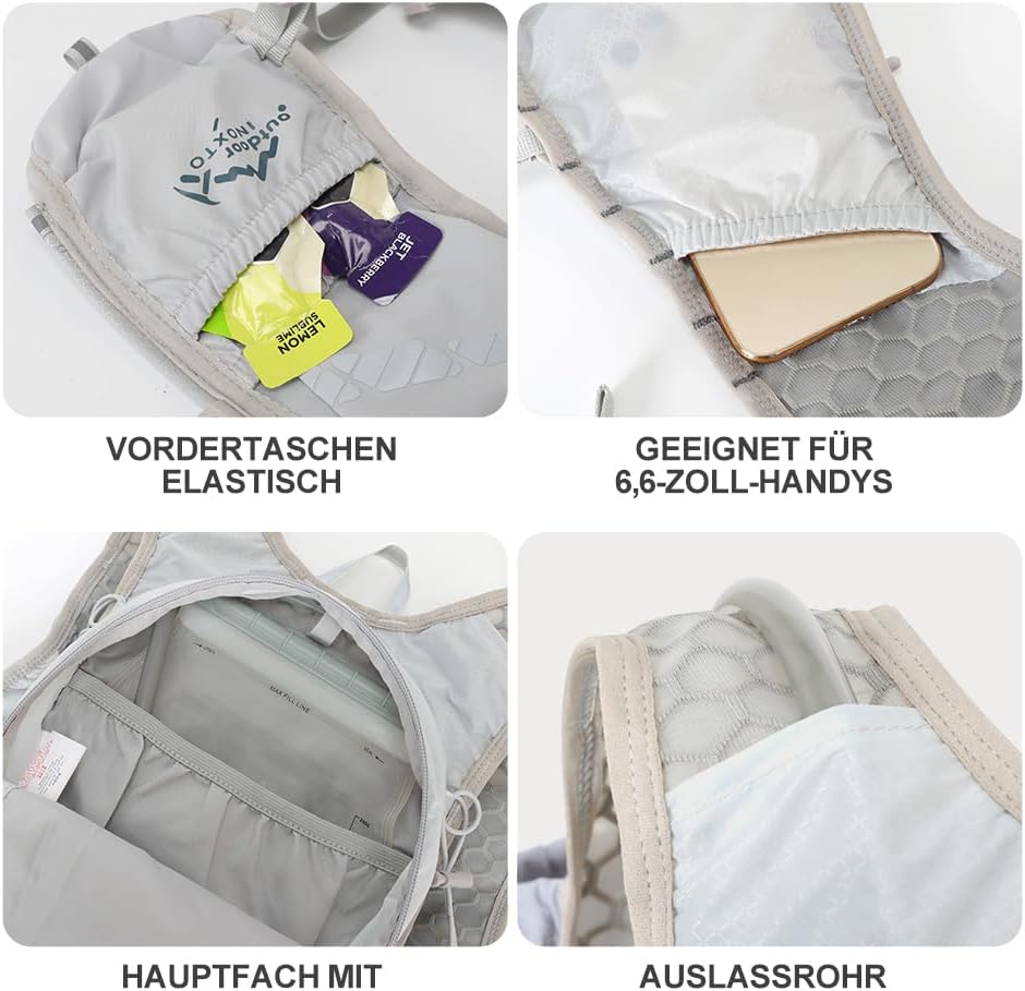 Detalle de INOXTO Sport Wasserbeutel Weste mit 1,5 l Trinkblase – Unisex Outdoor-Weste für Running, Wandern und Radfahren