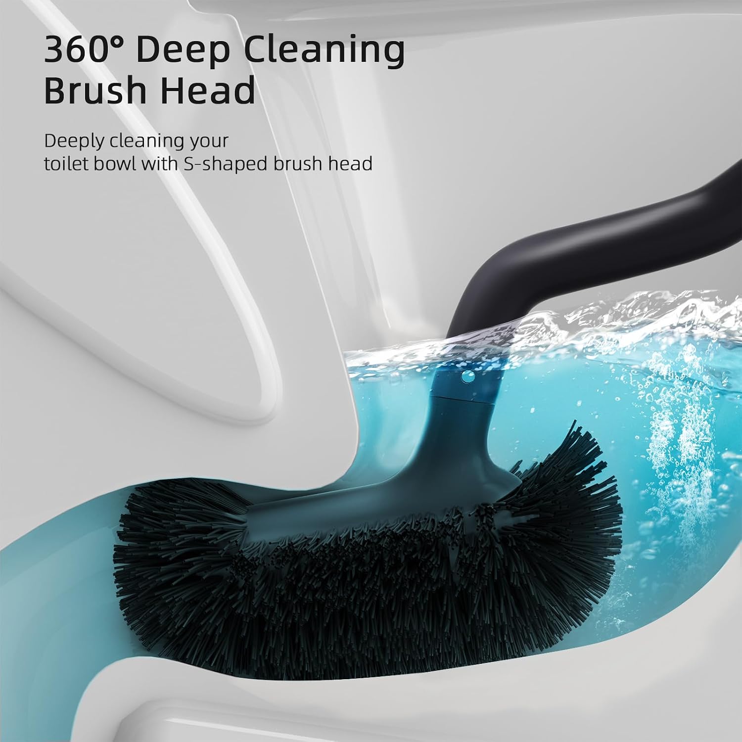 Detalle de HAMITOR Toilet Bowl Brush Holder Set, S-Shaped Head, Long Handle, Black