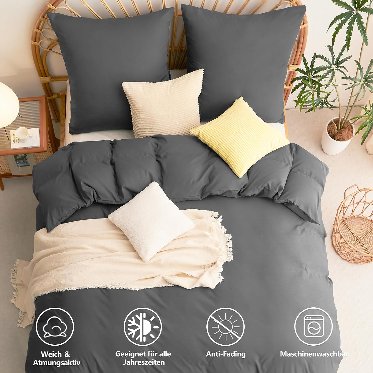 Thumbnail 6 de WAVVE Bettwäsche 200x200 Anthrazit – Mikrofaser-Set (3-teilig) mit Reißverschluss