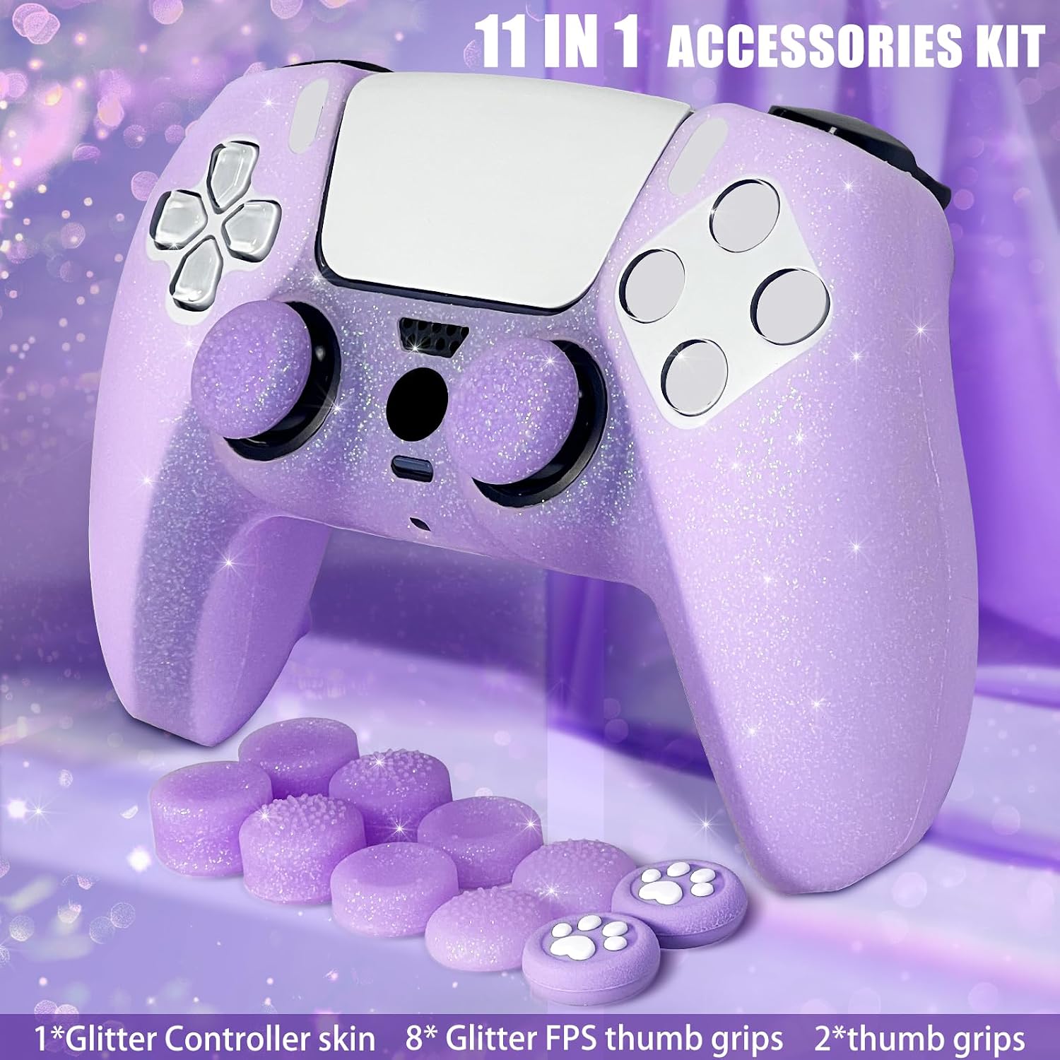Detalle de HLRAO Purple Glitter anti-slip silicone cover skin for PS5 controller (8 thumb grips + 2 grips caps)