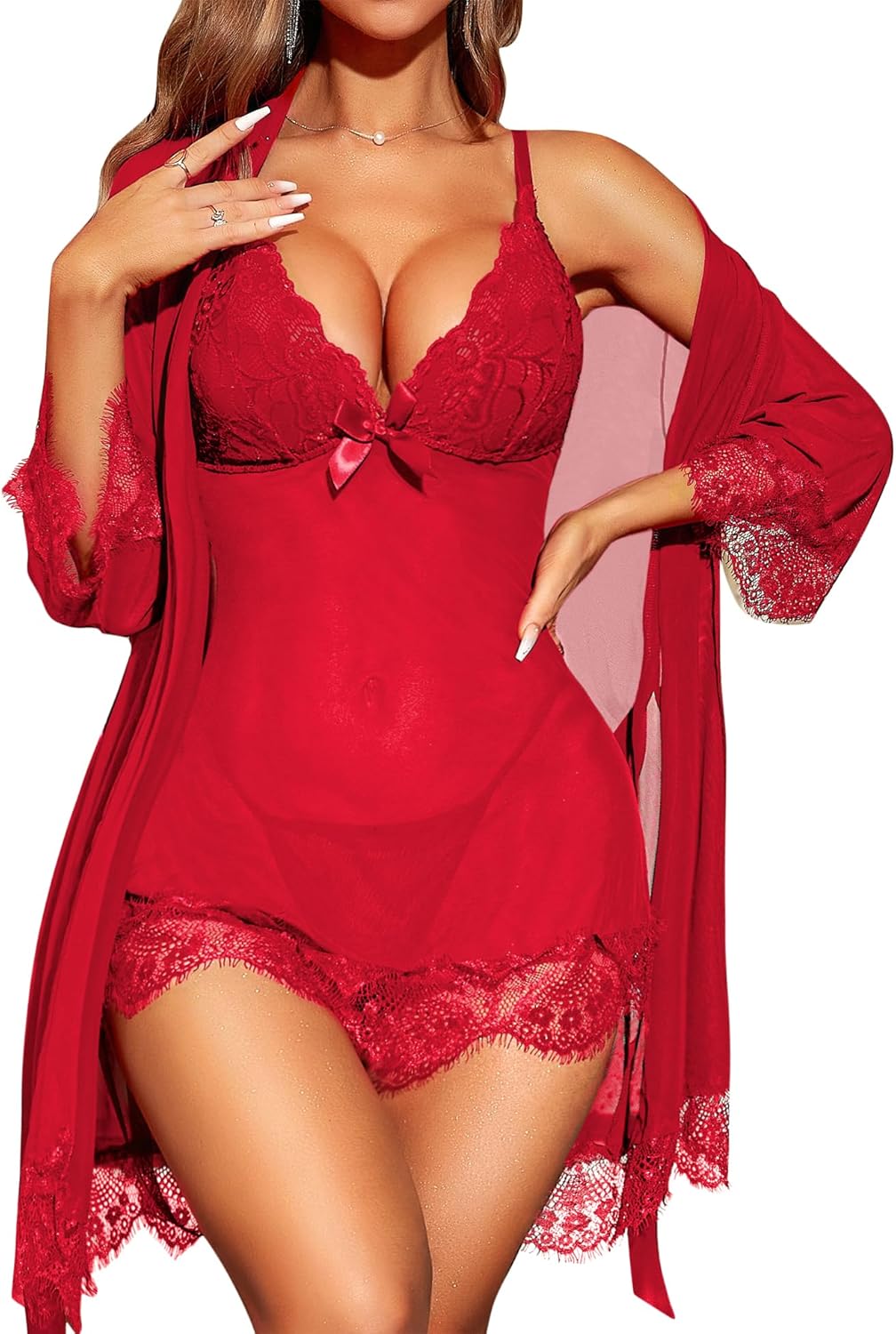 Thumbnail 5 de RSLOVE Nuisette Dentelle 3 Pièces — Robe de Nuit Babydoll avec G‑String