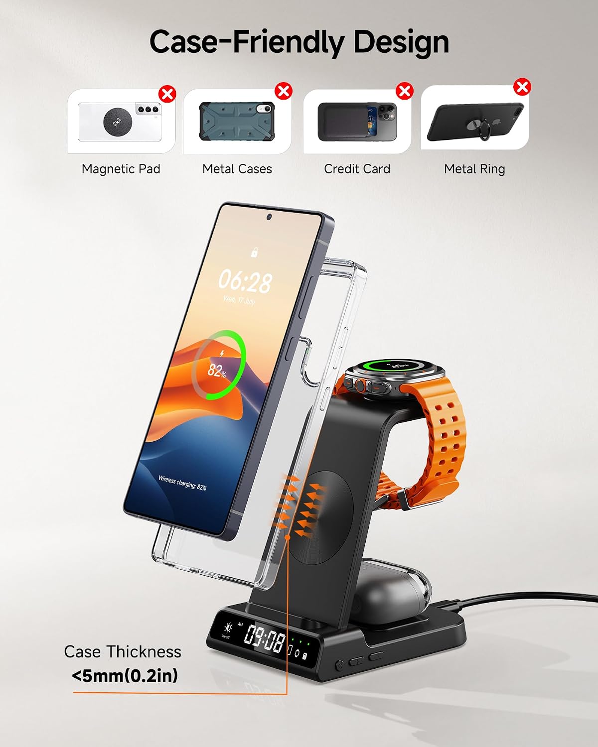 Detalle 2 de Station de charge sans fil 3-en-1 pour Samsung S25 Ultra (sans adaptateur) compatible Galaxy S/Z, Watch et Buds