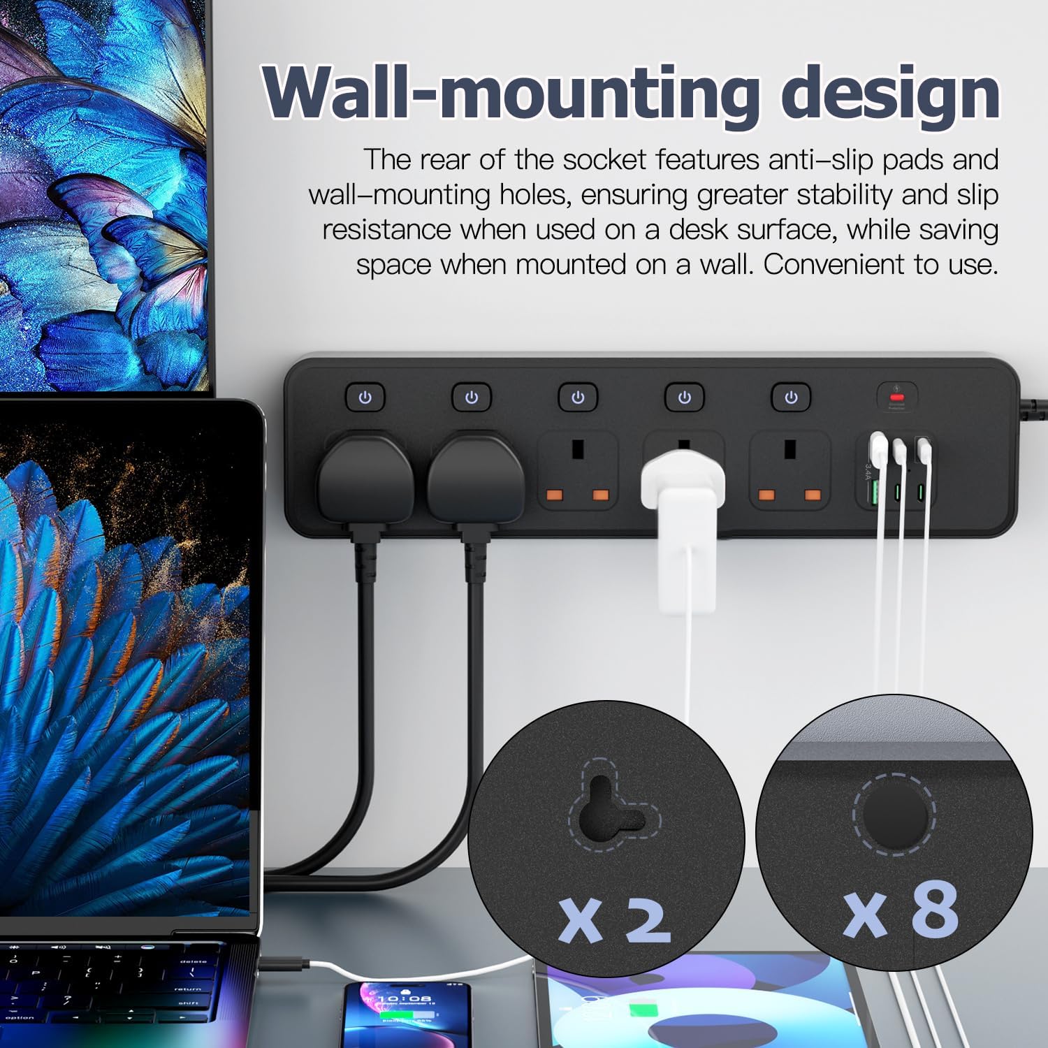 Thumbnail 5 de BOCHLION 11-in-1 Extension Lead with 6 USB Slots and Wall Mount, PD30W USB-C, Independent Switches, 3m Cable