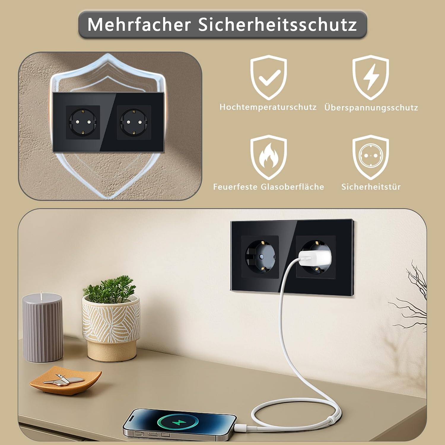 Detalle de TAWOIA Schuko Unterputz-Steckdose 2-fach mit Glasblende (Schwarz) – EU-Standard, 86 × 157 mm