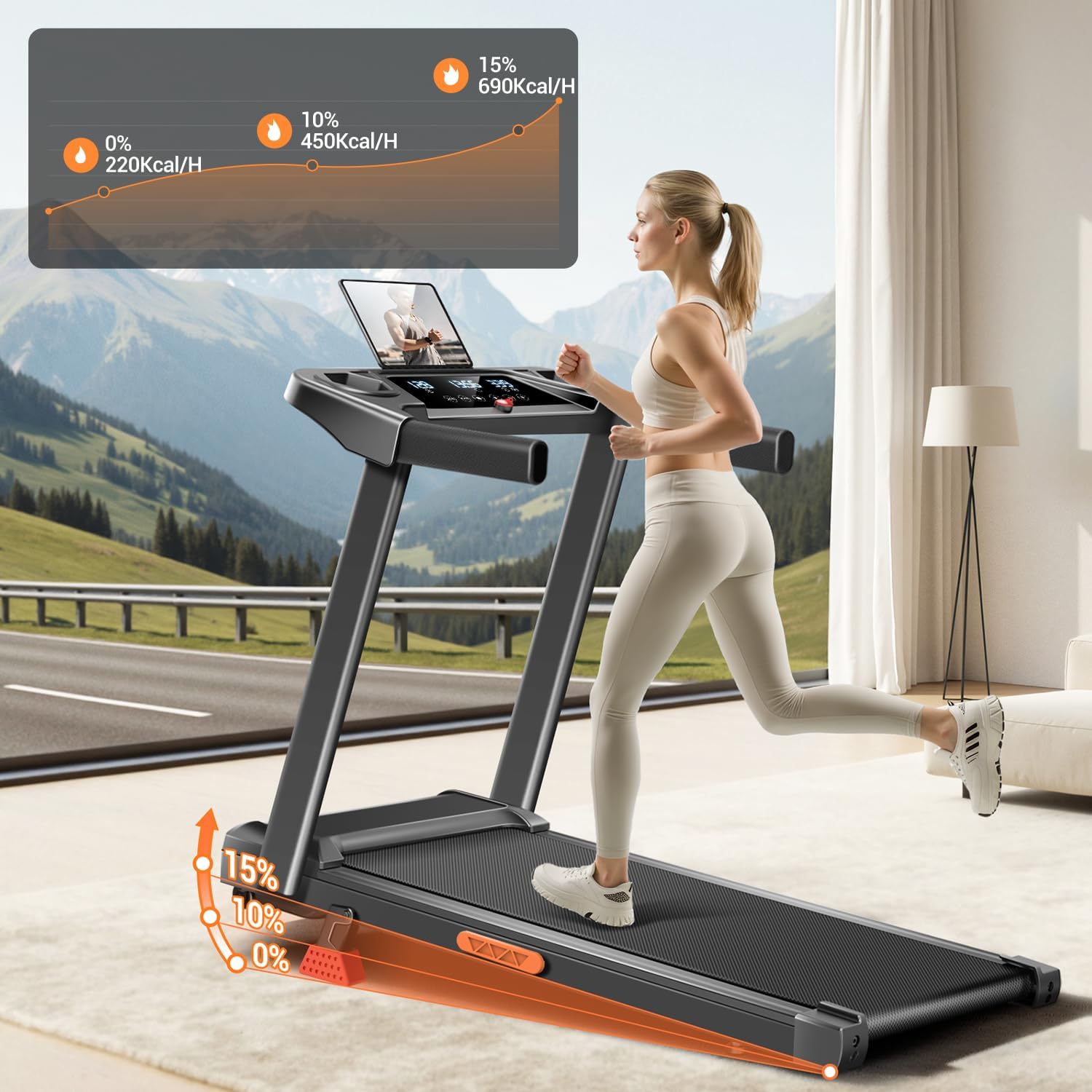 Detalle de UMAY Tapis Roulant Salvaspazio con inclinazione 15%, motore 3.0 HP e display LED (12 km/h, carico 136 kg)