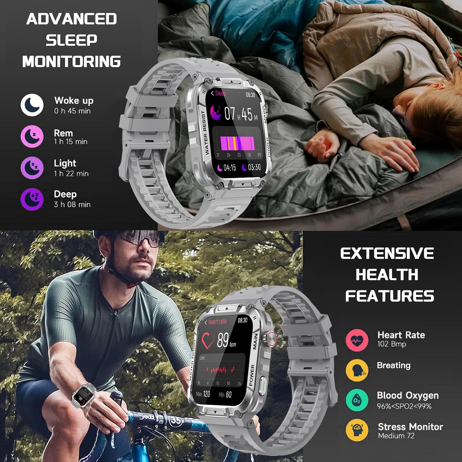 Detalle de Military Smart Watch for Men with Call Function (Gray) – Waterproof fitness tracker for Android & iPhone