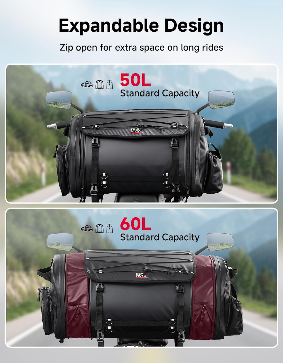 Thumbnail 1 de KEMIMOTO 60L Motorcycle Travel Luggage Bags: Waterproof Expandable Tail Bag with Rain Cover