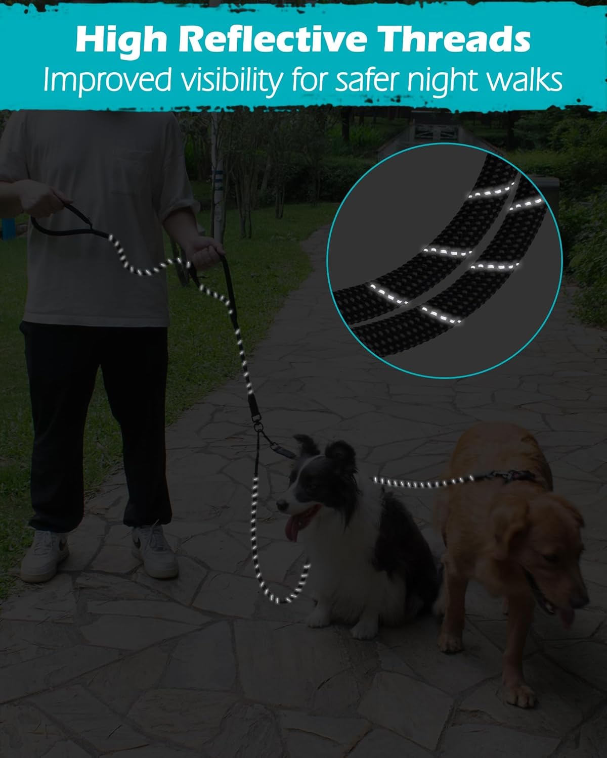 Thumbnail 5 de PetBonus Rope Double Dog Lead (No Tangle Dual Lead) with Reflective Stitching and 360° Swivel Clip, Black