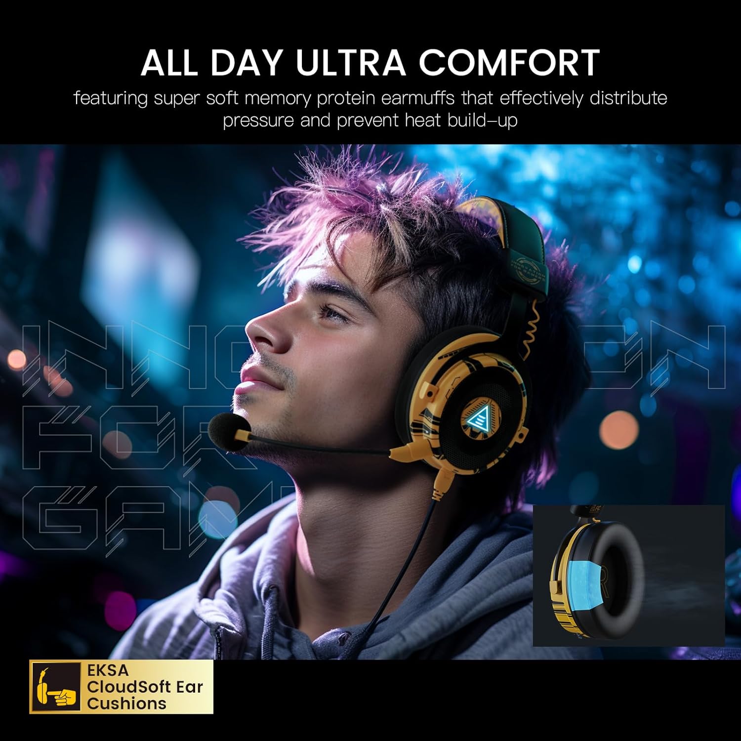 Thumbnail 5 de EKSA E900 Pro USB Gaming Headset with Detachable Noise-Cancelling Microphone and 7.1 Surround (Yellow)
