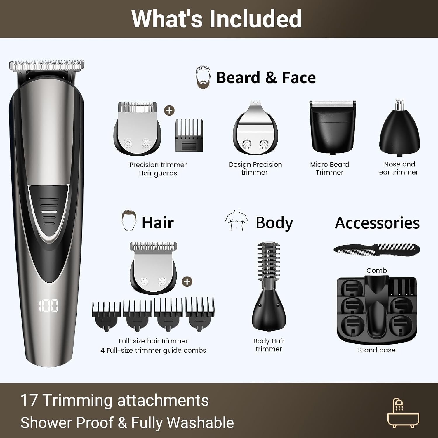Detalle 2 de SHPAVVER ETHUP GK-1800 12-in-1 Beard Trimmer, Waterproof with 6 Heads